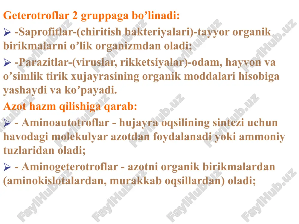 dagi xususiyatlari oʼrganiladi: morfologiyasi (shakli) tinktorial xususiyati (boʼyalishi) kultural xususiyati (oziqli muhitda oʼsishi) biokimyoviy xususiyati (saxarolitik va proteolitik fermentlar) antigenlik xususiyati patogenlik xususiyati va boshqalar. mikroorganizmlarning nafas olishi nafas olishiga qarab bakteriyalar: 1. mikroaerofillar – kislorod kam boʼlgan muhitda oʼsadi (brutsella, aktinomitset, xelikobakteriyalar, leptospiralar) 2. qatʼiy aeroblar- kislorodli sharoitda oʼsadi (vabo vibrioni, mikobakteriya, sibir yarasi) 3. qat’iy ahaeroblar– kislorodsiz sharoitda o’sadi (bifidobakteriyalar, bacterioidlar, klostridiyalar) 4. fakultativ ahaeroblar– ham kislorodli, ham kislorodsiz sharoitda o’sadi (ichak tayoqchasi, stafilokokklar, streptokokklar, salmonellalar) 5aerotolerantlar– qisqa vaqt ichida atmosfera kislorodida yashaydi, lekin o’smaydi anaerostat mikroblarning oʼsishi va koʼpayishi mikroorganizmlarning hayot faoliyatida hosil boʼladigan mahsulotlari mikroorganizmlar hayot faoliyatida koʼpgina mahsulotlar ishlab chiqaradi. ularga: - fermentlar - pigmentlar - vitaminlar - zaharli moddalar - yorugʼlik - issiqlik - antibiotiklar - aromatik moddalar kiradi fermentlar mikroorganizmlar oziqlanishi va nafas olishida ishtirok etadi. klassifikatsiyasi: - tashqi muhitga nisbatan ikki guruhga bo’linadi: ekzofermentlar endofermentlar - bakteriya hujayrasiga uchrashiga qarab ikkita gruppaga …