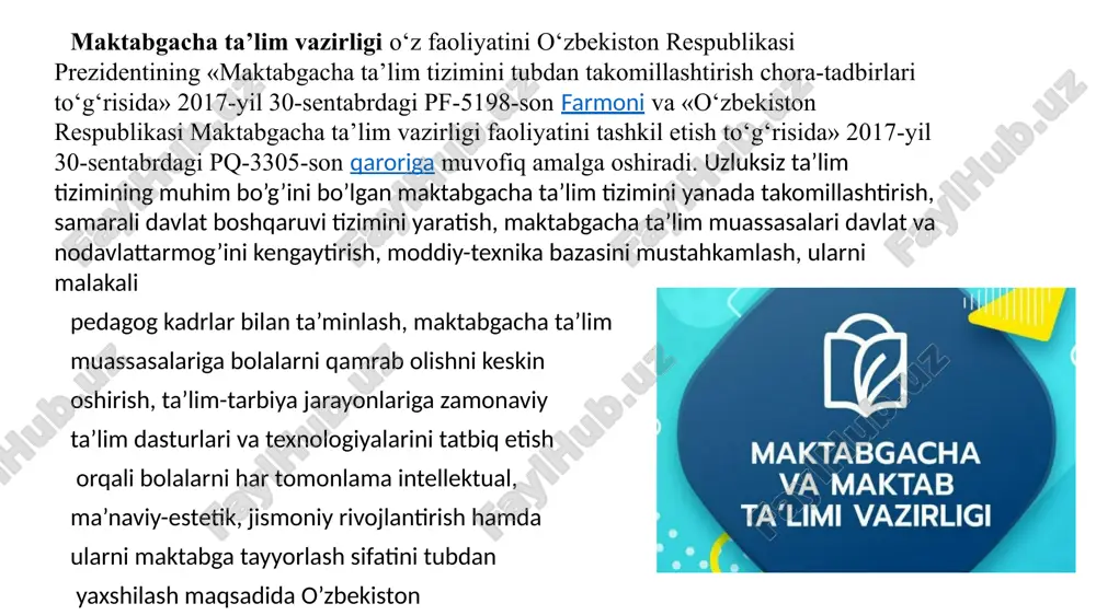 maktabgacha ta’lim tizimida budjet mablag‘larining maqsadli va samarali sarflanishini ta’minlash. maktabgacha ta’lim tizimida moliyaviy jarayonlarning shaffof tarzda amalga oshirilishi uchun zarur sharoitlarni yaratish. 41-maqsad: maktablarni rivojlantirish milliy dasturini joriy etish orqali xalq ta’limi tizimida qo‘shimcha 1,2 million o‘quvchi o‘rni yaratish. yangi maktablar qurish, xususiy maktablarni ko‘paytirish, ta’lim sifatini oshirishni nazarda tutuvchi milliy dasturni ishlab chiqish va amalga oshirish. o‘quv o‘rinlari sonini 2026-yil yakuniga qadar 6,4 milliongacha yetkazish. 7 8 ta`lim sohasidagi davlat siyosatining asosiy tamoyillari. umumiy o’rta ta’lim muassasalarining 10-11-sinflari o’quvchilari ta’lim olishlari bilan birgalikda ularga kasb-hunar o’rgatish, o’quvchilarning qiziqish va qobiliyatlaridan kelib chiqqan holda kelajakda ularning ta’limni davom ettirishlari yoki egallagan kasblari bo’yicha mehnat faoliyati bilan shug’ullanishlariga shart-sharoitlar yaratish, o’quv-ishlab chiqarish majmualarini tashkil etish va ularni zarur jihozlar bilan ta’minlash maqsadida vazirlar mahkamasining 2017-yil 24-oktabrdagi «umumiy o’rta ta’lim muassasalarining 10-11-sinflari o’quvchilariga kasbiy ta’lim berishga ixtisoslashgan o’quv-ishlab chiqarish majmualarini tashkil etish chora-tadbirlari to’g’risida»gi 868-son qarori qabul qilindi. o‘quv-ishlab chiqarish majmuasi …