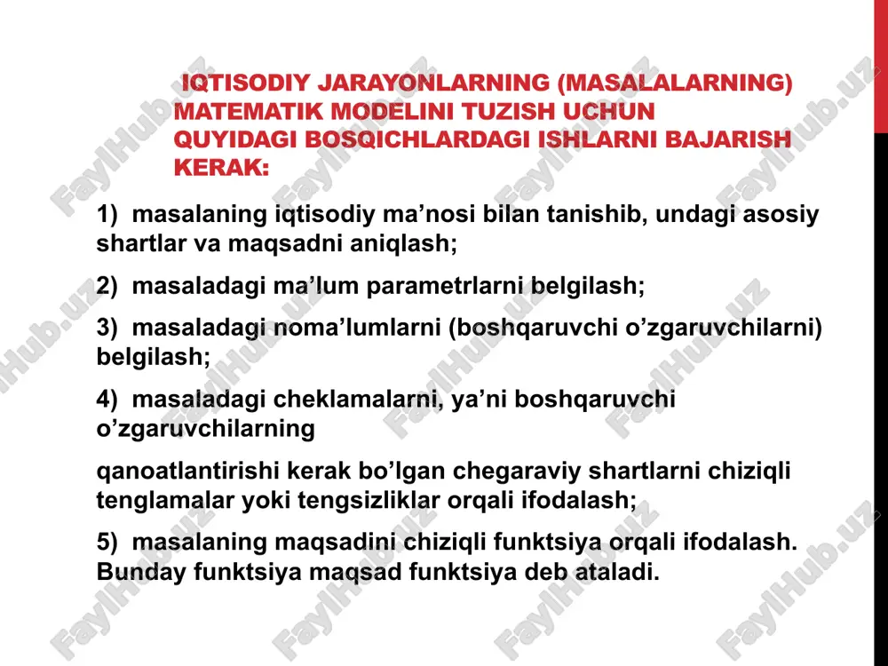 orat shartlar mos ravishda x2 + 3x4 + x5 = 30 va x3 + x5 + 2x6 = 20 tenglamalar orqali ifodalanadi. iqtisodiy m a’nosiga k o’ra belgilangan noma’lumlar manfiy bo’la olmaydi, demak rejadagi xomaki mahsulotlarni ishlab chiqarishda hosil bo’lgan chiqindilarning umumiy miqdorini quyidagi chiziqli funktsiya ko’rinishida ifodalaymiz. masalaning shartiga ko’ra bu funktsiya minimum qiymatni qabul qilishi kerak, ya’ni shunday qilib, quyidagi chiziqli dasturlash masalasiga ega bo’lamiz. chiziqli dasturlash masalasining umumiy qo’yilishi va uning turli formada ifodalanishi chiziqli dasturlash masalasi umumiy holda quyidagicha ifodalanadi: (1) va (2) shartlarni qanoatlantiruvchi noma’lumlarning shunday qiymatlarini topish kerakki, ular (3) chiziqli funktsiyaga minimal (maksimal) qiymat bersin. masalaning (1) va (2) cheklamalari uning chegaraviy shartlari deb, (3) chiziqli funktsiya esa masalaning maqsadi yoki maqsad funktsiyasi deb ataladi. masaladagi ba rcha ch eklamalar shartlar va maqsad funktsiya chiziqli ekanligi ko’rinib turibdi. shuning uchun ham (1) - (3) masala chiziqli dasturlash masalasi deb ataladi. konkret masalalarda (1) …