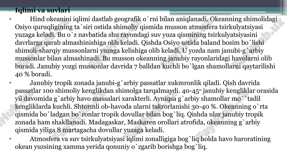 somali, ekvatorial oqimlardan yuzaga keladi. yozda shimoliy yarim sharda musson oqimlari qarama-qarshi oqimni yuzaga keltiradi va ekvatorial oqimga qo`shiladi. natijada janubiy passat oqimini yuzaga keltiradi. janubiy aylanma xarakat (janubiy passat, madagaskar,agulis, g`arbiy shamollar va g`arbiy avstraliya) oqimlaridan yuzaga keladi. arabiston dengizida (bengaliya) va katta avstraliya qo`ltiqlarida xamda antarktida bo`yi suvlarida mussonli suvning aylanma xarakati xukm suradi. ekvatorial zonada yil bo`yi ham g`arbiy, ham sharqiy qismida suv yuzasining xarorati 280 ga yaqin. qizil va arabiston dengizida qishda xarorati 20 - 250 gacha pasayadi. yozda esa butun hind okeanidagi maksimal xarorat qizil dengizda 30 - 310 okeandagi qishki yuqori xaroratlar avstraliyani shimoli-g`arbiy rayonlariga yaqin yerlarda 290 ga teng. janubiy yarim sharning tropiklarida suvning xarorati g`arbiy qismida sharqiga nisbatan 1 - 20 baland. skait tizmasi va janubiy orxney orollari rayonida yer qobig`i tektonik yoriqlar bilan parchalangan. janubiy sandvich yoki orollar vulkanlar bilan yanada murakkablashgan. sharqida janubiy sandvich cho`kmasi joylashgan – 8228 metr. skot …
