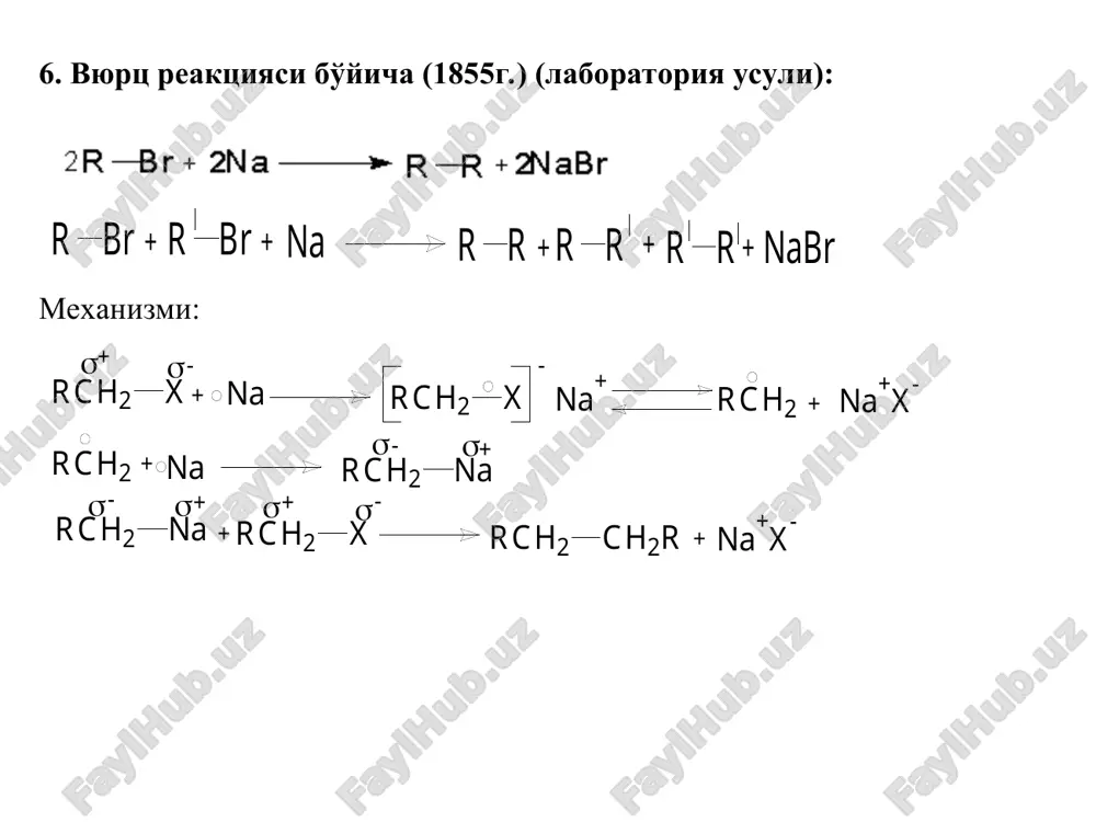 gomologlari sintez qilinadi . ch 4 hf sbf 5 ch 4 + e - ch 4 ch 3 + + h hch 3 + ch 3 ch 3 ch 3 h + + + + o'rtacha massaga ega bo'lgan alkanlardan kuchli l'yu is kislotalari ta'sirida karbokationlar hosil bo'ladi , natijada izomerizatsiya va oligomerizatsiya jarayonlari boradi hcl alcl 3 + h + alcl 4 _ ch 3 ch 2 ch h ch 3 h + + ch 3 ch 2 ch ch 3 h 2 + + ch 3 c ch 3 ch 3 + c 4 h 9 h ch 3 ch 2 c h ch 3 + ch 3 c h ch 3 ch 3 + ch 3 c ch 3 ch 3 c 4 h 9 izomerizatsiya oligomerizatsiya mahsuloti mahsuloti /docprops/thumbnail.jpeg