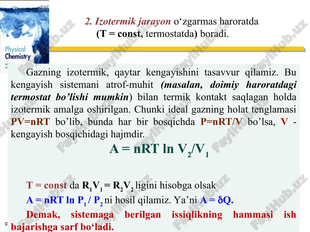 adigan parametrlar(t, p, d, s, µ) – ular sistemaning asosiy holat parametrlar hisoblanib, sistemaning sifat xarakteristikalarini birlashtiradi. ekstensiv parametrlar – sistemaning massasiga bog‘liq bo‘lgan parametrlar (m, v, csig‘., u, h, s, δg, δf) – sistemaning holat funksiyalari hisoblanadi. issiqlik – molekulalarning tartibsiz harakati natijasida energiyaning sistemaning bir qismidan ikkinchi qismiga berilishi. ish – sistema energiyasining tashqi muhitga berilishi bo‘lib, uning miqdori berilgan energiya miqdoridir. ish ham holat funksiyasi emas. jarayon bosib o‘tgan yo‘liga bog‘liq. ichki energiya – holat funksiyasi bo‘lib, uning o‘zgarishi (u), izoxor jarayondagi sistema tomonidan olingan issiqlikka teng(qv). prentice hall ©2004 o‘z-o‘zidan sodir bo‘lmaydigan jarayonlar – tashqaridan energiya sarflanganda sodir bo‘ladigan jarayonlar. chapter 18 slide 13 prentice hall ©2004 image2.png image3.emf image4.wmf oleobject1.bin image5.png image6.jpeg image7.wmf oleobject2.bin image8.wmf image9.wmf oleobject3.bin oleobject4.bin image10.wmf oleobject5.bin image11.png image1.jpeg ò ò - = - = - = 2 1 2 1 1 2 ln v v v v v v nrt v …
