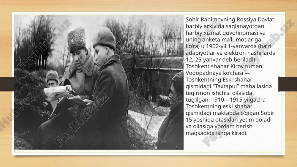 yuboriladi. tuzalib chiqqach, sobir rahimov 1941-yil 20-oktabrdan janubiy frontdagi 353-o‘qchi diviziyasi 1149-o‘qchi polkining qo‘mondoni, 1942-yil 1-maydan esa 353-o‘qchi diviziyasi qo‘mondonining o‘rinbosari vazifalarida ishlaydi. harbiy harakatlardagi jangovarligi uchun 1942-yil 1-avgustidan shimoliy kavkaz fronti 395-shaxtyor diviziyasi qo‘mondoni etib tayinlanadi. shimoliy kavkaz frontidagi uch oylik jangovar harakatlar davomida sobir rahimov qo‘mondonligi ostidagi diviziya dushmanning sakkiz mingga yaqin ofitser, askarlari hamda harbiy texnikasini yo‘q qilgan. jangovar jasorati uchun 1942-yil 10-fevralda sobir rahimovga podpolkovnik, olti oydan so‘ng esa 37-o‘qchi diviziyasi polkovnigi unvoni beriladi. 1943-yil yozida sobir rahimov harbiy bilim va malakasini oshirish maqsadida moskva shahridagi harbiy akademiyaga yuboriladi. 1943-yil 1-oktabrda u turmush o‘rtog‘i munira rahimovaga “o‘n kundan beri imtihonlar ketayotgani sababli xat yozishning imkoni bo‘lmadi. meni tabriklasangiz bo‘ladi. barcha fanlarni ijobiy topshirdim. to‘g‘risini aytsam, birinchi kunlarda eplay olamanmi, deya qo‘rqqan edim. o‘zimni qo‘lga olib, kecha-kunduziga ikki soatgina uxlab, tun-u kun o‘z ustimda uzluksiz ishlayapman”, deb xat yozadi. demak, sobir rahimov qisqa muddatli malaka oshirish davomida …