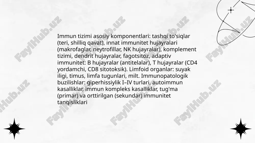 tomiya, qarish. turlari: ikkinchi darajali immun tanqisliklar — hujayrali (t-hujayra) yetishmovchiligi, humoral (b-hujayra/antitanalar) yetishmovchiligi, kombinatsiyalangan immundefektlar, fagotsit funksiyasi buzilishi, komplement tizimi yetishmovchiligi, kasallikga bog‘liq yoki davolashga bog‘liq immunosupressiya. ... t.me/slaydai_bot virusli infektsiyalar, xususan hiv, hujayra ichiga kirib cd4+ t limfotsitlarni toʻgʻridan-toʻgʻri vayron qiladi va surunkali immun tanqislikka olib keladi. natijada hujayra‑mediatsiyalangan immunitet pasayadi, opportunistik infektsiyalar (pneumocystis jirovecii, toxoplasma), kaposi sarcoma va non‑hodgkin limfoma rivojlanadi. diagnostika: serologik elisa, tasdiqlovchi western blot yoki pcr va cd4 soni hisoblash ( 500–800 mg/dl. antimikrobial profilaktika: tmp-smx pjp uchun kunlik yoki 3×/hafta; azitromitsin mac uchun 1×/hafta; flukonazol yoki vorikonazol antifungal profilaktika muayyan holatda. interferon-gamma cgdda 50 µg/m2 3×/hafta. enzim almashtirish (peg-ada) va gematopoetik ildiz hujayra transplantatsiyasi (hszt) kurativ: hszt va gen terapiya ba'zi pidlarda. jonli vaksinalardan ehtiyotkorlik. ... t.me/slaydai_bot yadro va yangi terapiyalar immun tanqisliklarda genterapiya va hematopoetik suyak iligi ko‘chirish (hsct) orqali kasalliklarni davolash imkonini beradi. genterapiyada ex vivo yoki in vivo genni to‘g‘rilash, …