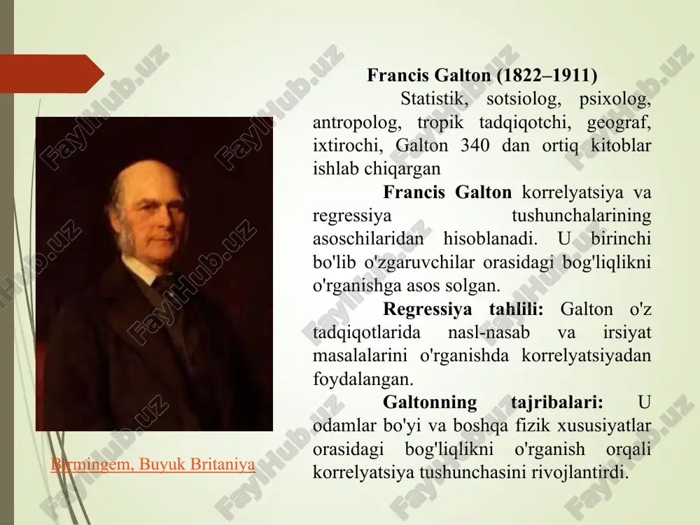 bu esa elektr energiyasi sarfini oshiradi. biroq, bu bogʻliqlik toʻliq emas, chunki energiya sarfini boshqa omillar (masalan, uy xoʻjaliklari soni, energiya tejash texnologiyalari) ham taʼsir koʻrsatishi mumkin. korrelyatsiya: musbat korrelyatsiya (r > 0). yosh va sogʻliqni saqlash xarajatlari xususiyatlar: x – yosh (yil), y – sogʻliqni saqlash xarajatlari (dollar). bogʻliqlik: odamlar yoshi ortgani sayin sogʻliqni saqlash xarajatlari koʻpayishi kuzatiladi. biroq, bu bogʻliqlik toʻliq emas, chunki boshqa omillar (masalan, turmush tarzi, genetik omillar) ham taʼsir koʻrsatishi mumkin. korrelyatsiya: musbat korrelyatsiya (r > 0). reklama xarajatlari va savdo daromadi xususiyatlar: x – reklama xarajatlari (dollar), y – savdo daromadi (dollar). bogʻliqlik: koʻpincha reklama xarajatlari koʻpayganida savdo daromadi ham ortadi. biroq, bu bogʻliqlik toʻliq emas, chunki boshqa omillar (masalan, mahsulot sifat, bozor sharoiti) ham taʼsir koʻrsatishi mumkin. korrelyatsiya: musbat korrelyatsiya (r > 0). korrelyatsion bogʻliqlikga oid misollar yomgʻir miqdori va ekin hosildorligi xususiyatlar: x – yomgʻir miqdori (mm), y – ekin hosildorligi (tonna/ga). …