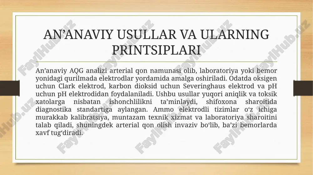 latformalar kichik hajmli arterial yoki kapillyar qon namunalarini tez va kompleks tahlil qilishga imkon beradi. bu tizimlar gasp chiqarish, gaz almashinuvi va elektrokimyoviy deteksiya modullarini birlashtiradi, natijani bir necha daqiqada taqdim etadi va punktatsiya oqibatida paydo bo‘ladigan xatolarni kamaytiradi. bunday qurilmalar punkt-of-care (poc) muhitida ishlashga moslashgan va neonatal yoki jarrohlik sharoitida amaliy qo‘llash uchun qulay. ammo mass-prodyuksiya, sterilizatsiya va foydalanuvchi interfeysi dizayni yuqori talablarga ega. mass-spektrometriya va gaz-xromatografiya yondashuvlari mass-spektrometriya va gaz-xromatografiya qonda erigan gazlarni aniqlash uchun yuqori aniqlik va selektivlikni ta’minlaydi. amaliyotda namunadan gazni ajratish yoki boshliq fazaga o‘tkazish (headspace) orqali tahlil olinadi. bu metodlar ilmiy tadqiqot va referens laboratoriyalar uchun mos bo‘lib, yangi sensorlar va usullarni validatsiya qilishda standart sifatida ishlatiladi. biroq bu usullar qimmat, ko‘p joy talab qiladi hamda tezkor klinik qaror qabul qilish uchun mos emas. sun’iy intellekt va multimodal signal tahlili mashina o‘rganishi modellari va sun’iy intellekt yordamida turli sensorlardan olingan signallarni birlashtirib pao2 va …