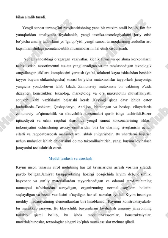 h va asoslash kiyim inson tanasini atrof muhitning har xil ta’sirlaridan asrash vositasi sifatida paydo bo’lgan.jamiyat taraqqiyotining hozirgi bosqichida kiyim deb, o’simlik, hayvonot va sun’iy materiallardan tayyorlanadigan va odamni atrof-muhitning nomaqbul ta’sirlaridan asraydigan, organizmning normal sog’lom holatini saqlaydigan va bezak vazifasini o’taydigan har xil narsalar aytiladi.kiyim insoniyat moddiy madaniyatining elementlaridan biri hisoblanadi. kiyimni konstruktsiyalash-bu murakkab jarayon. bu tikuvchilik buyumlarini loyihalash umumiy jarayonning tarkibiy qismi bo’lib, bu ishda model’er-rassomlar, konstruktsiyalar, materialshunoslar, texnologlar singari ko’plab mutaxassislar mehnat qiladi. kiyimning asosiy vazifasi: kiyim - odam tanasini tashqi ta'sirlardan muhofaza qiluvchi va bir qancha funksiyalarni bajaruvchi buyum va buyumlar majmui. zamonaviy kostyumning funksiyalari utilitar funksiya himoyaviy va fiziologik-gigienik funksiyalarga ajratiladi. har bir funksiya keyingi pog’onada yana keyinroq aniqlanadi. misol uchun, himoyaviy funksiya tashqi muqit va ob-qavo ta'sirlaridan qimoyani, ishlab chiqarishning ta'sirlaridan himoyani va mexanik ta'sirlaridan himoyani o`z ichiga qamrab oladi. fiziologik-gigienik funksiyakiyimni tinchlik va qarakat qolatida qulayligini bildiradi qamda kiyim ostidagi mikroiqlim sharoitining qulayligini …