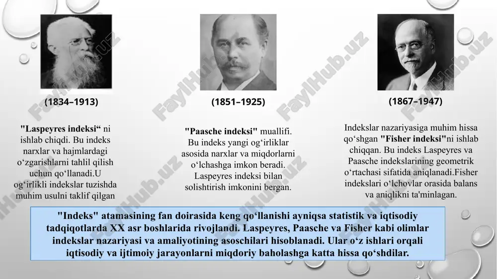 si narx indeksi: mahsulotlarning narxidagi o‘zgarishni ifodalaydi. miqdor indeksi: ishlab chiqarilgan yoki sotilgan mahsulot hajmidagi o‘zgarishni ko‘rsatadi. vaqt sarfi indeksi: bir mahsulotni ishlab chiqarishga sarflangan vaqtning o‘zgarishini ko‘rsatadi. tannarx indeksi: mahsulot ishlab chiqarish tannarxining o‘zgarishini aks ettiradi. indekslarni hisoblash tartibi mahsulot turi o‘lchov birligi o‘tgan davr joriy davr mahsulot qiymati mah-t miq-dori () bir birligi-ning narxi, so‘m () mahsulot miq.ri () bir birligi-ning narxi, so‘m () o‘tgan davr () joriy davr () joriy davr o‘tgan davr narxlarida 1 2 3 4 5 6 7 8 9 olma kg 600 2500 750 3000 1500000 2250000 1875000 sut litr 200 2000 370 3000 400000 1110000 740000 nok kg 1200 5000 1500 4500 6000000 6750000 7500000 jami: - - - - - 7900000 10110000 10115000 11 agregat indekslar deb, maxsus taqqoslagichlar(vazn) yordamida joriy va o‘tgan davrlar uchun hisoblangan to‘plamlarni o‘zaro taqqoslashga aytiladi. mahsulot (yoki tovar aylanmasi) hajmining umumiy indeksi: bu yerda: va - …