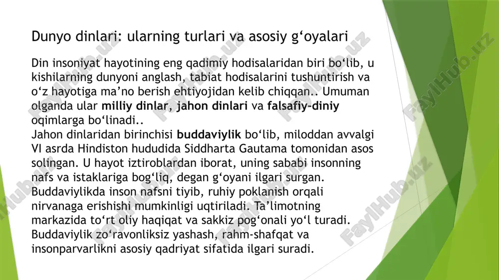 at va an’analarni saqlash va rivojlantirishda ham muhim rol o‘ynaydi. masalan, musulmon xalqlarining ramazon va qurbon hayitlari, xristianlarning rojdestvo va pasxa bayramlari, hinduizm va buddaviylikdagi turli diniy marosimlar xalqning madaniy hayotida keng nishonlanadi. bu bayram va marosimlar nafaqat diniy, balki madaniy va ijtimoiy birlikni mustahkamlashga xizmat qiladi. dinlarning jamiyatdagi yana bir vazifasi bu ma’naviy-ma’rifiy ta’siridir. diniy ta’limotlar odamlarni ilmga, o‘qishga, axloqiy tarbiyaga undaydi. masalan, qur’onda ilm olishga da’vat, xristianlikda xayrixohlik va saxovat, buddaviylikda sabr-toqat va kamtarlik targ‘ib etilgan. shu bois tarix davomida ko‘plab madrasalar, diniy maktablar, kutubxonalar va ilmiy markazlar diniy muassasalar tomonidan tashkil etilgan.din va madaniyat o‘zaro uzviy bog‘liq bo‘lib, ular bir-birini to‘ldiradi. madaniyatning ko‘plab yutuqlari diniy qarashlar asosida vujudga kelgan bo‘lsa, din ham madaniyat orqali keng yoyilgan va mustahkamlangan. bugungi globallashuv davrida ham dinlar insonlarning ma’naviy ehtiyojlarini qondirishda, milliy madaniyatlarni asrab-avaylashda va jahon sivilizatsiyasining barqaror rivojida asosiy omil bo‘lib qolmoqda e’tiboringiz uchun rahmat! image1.png image2.png /docprops/thumbnail.jpeg