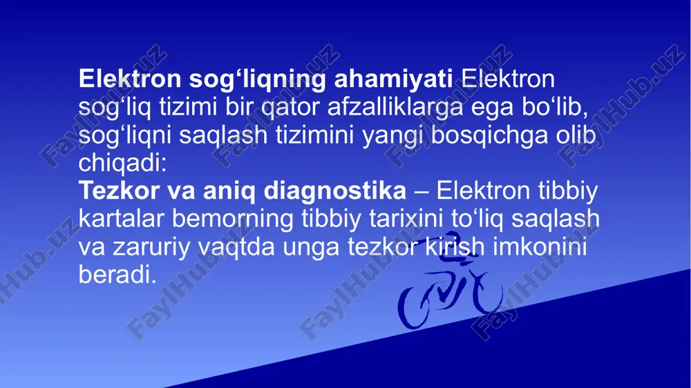 millarga alohida e'tibor berish lozim. kelajakda texnologik taraqqiyot bilan birgalikda ushbu tizimlar yanada takomillashib, sog'liqni saqlash sohasida yanada keng qo'llanilishiga umid qilamiz. foydalanilgan adabiyotlar 1."e-health: current situation and future directions" – m. mars, r.e. scott (2019) 2. "digital health: scaling healthcare to the world" – homero rivas, katarzyna wac (2018) 3."telemedicine technologies: information technologies in medicine and telehealth" – a. gogia (2020) 4. "health informatics: an interprofessional approach" – ramona nelson, nancy staggers (2016) image1.jpeg image2.jpeg /docprops/thumbnail.jpeg