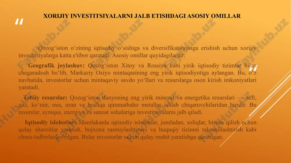 tasidagi aloqalar yanada mustahkamlanishga boshladi. qozog’iston va o’zbekiston respublikalari iqtisodiy-ijtimoiy va siyosiy aloqalari davlat tashriflari 1.shavkat mirziyoyevning qozog‘istonga tashrifi (2017-yil) vaqti: 2017-yil, 23-24-may ahamiyati: ikki davlat o‘rtasidagi savdo, energetika, transport va xavfsizlik sohalaridagi hamkorlikni rivojlantirish. natijalar: yangi kelishuvlar va shartnomalar imzolandi savdo hajmini oshirish va yangi iqtisodiy dasturlar ishlab chiqildi. 2.nursulton nazarboyevning o‘zbekistonga tashrifi (2018-yil) vaqti: 2018-yil, 22-23-may ahamiyati: ikki mamlakat o‘rtasida iqtisodiy, madaniy va xavfsizlik aloqalarini mustahkamlash. natijalar: savdo va sanoat hamkorligini rivojlandi. madaniyat va ta'lim sohasida hamkorlikni kuchaytirish. 3.shavkat mirziyoyevning qozog‘istonga tashrifi (2022-yil) vaqti: 2022-yil, 6-8-iyul ahamiyati: iqtisodiy hamkorlikni kuchaytirish, transport va energetika sohalarini rivojlantirish. natijalar:20 dan ortiq shartnoma va kelishuvlar imzolandi. xavfsizlik va mudofaa sohasidagi hamkorlikni kuchaytirish. 4.qosim-jomart tokayevning o‘zbekistonga tashrifi (2023-yil) vaqti: 2023-yil, 11-12-noyabr ahamiyati: savdo-iqtisodiy aloqalarni rivojlantirish, energetika va transport sohalaridagi hamkorlikni kengaytirish. natijalar:yangi iqtisodiy shartnomalar va kelishuvlari. madaniyat va ta'lim sohasida hamkorlikni rivojlantirish. qozog’iston va qirg’iziston davlat tashriflari 1.qozog‘iston prezidenti nursulton nazarboyevning qirg‘izistonga tashrifi …
