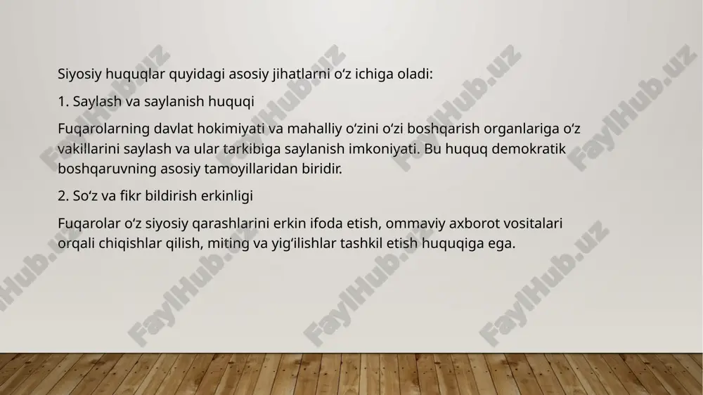 adabiyotlar ro’yxati 1. o‘zbekiston respublikasi konstitutsiyasi – fuqarolarning siyosiy huquqlari, shu jumladan saylash va saylanish huquqi, yig‘ilishlar o‘tkazish va fikr erkinligi, huquqiy kafolatlar haqida ma’lumot beradi. 2. o‘zbekiston respublikasining "fuqarolik jamiyati" haqidagi qonunlari – fuqarolarning siyosiy ishtirokini tartibga soluvchi qonunlar. 3. adliya vazirligining rasmiy hujjatlari – siyosiy huquqlarni himoya qilish bo‘yicha qonuniy asoslar. 4. "siyosiy huquqlar va erkinliklar: nazariya va amaliyot" – siyosiy huquqlarni tushuntiruvchi va ularning amaliyotini yorituvchi o‘zbek tilidagi ilmiy asar. e’tiboringiz uchun rahmat… image2.png image3.png image4.png image5.png image6.png image7.png image8.png image9.png image10.jpg image1.jpg /docprops/thumbnail.jpeg