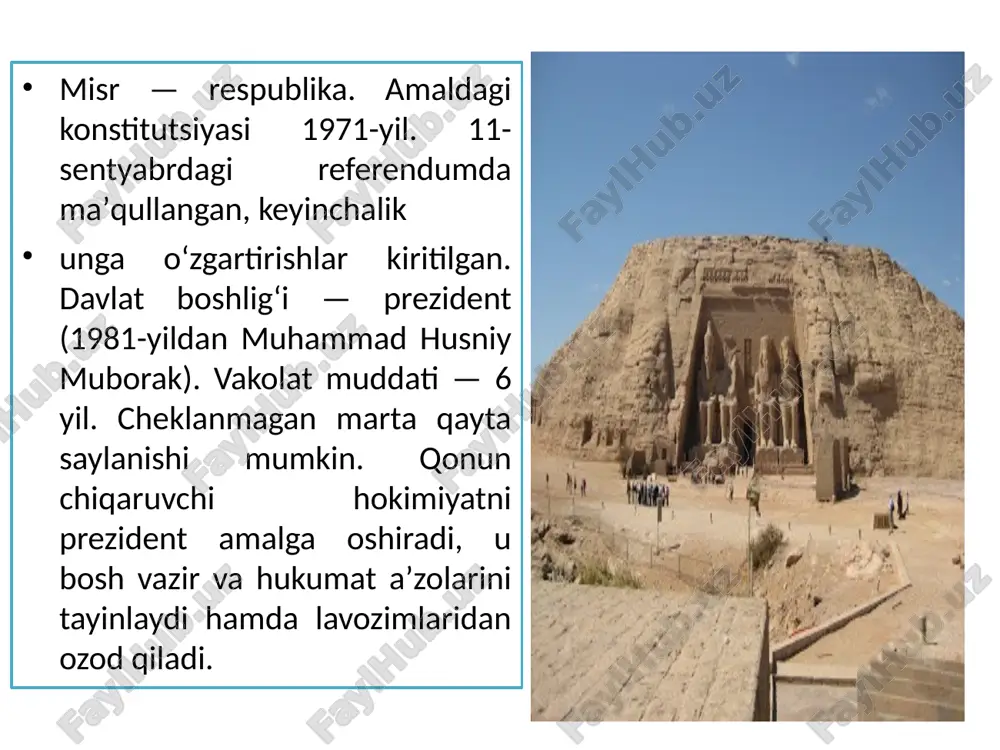 ri uz. 48,8 ming kmisr eng muhim avtomagistrallari: qohira — iskandariya, iskandariya — marso matruh, qohira — suvaysh, suvaysh — port-said, qoqira — algʻardaqa, qohira — asyut. t.y. uzunligi — 8,8 ming kmisr asosiy t.y. magistrallari: qohira — asvon, qohira — iskandariya, qohira — suvaysh, port-said — ismoiliya. nil va magistral kanallardagi kema qatnovi yoʻllari uz. — 3 ming km dan ortiq. dengiz savdo flotining tonnaji — 1,68 mln. tonna dedveyt. tashqi savdo yuklari, asosan, xorijiy dengiz kemalari va samolyotlarda tashiladi. asosiy dengiz porti — iskandariya (oʻrta dengizda), boshqa yirik portlari — port-said va suvaysh (suvaysh kanalida), ras-shukeyr va safaga (qizil dengizda), qohirada yirik xalqaro aeroport bor. tasviriy san’at misrda qad. sanʼat obidalari koʻp saqlangan (q. misr[[]], qadimgi misr). musulmon tasviriy sanʼ-atining bizgacha yetib kelgan ilk na-munalari fotimiylar davriga mansubdir. fustatdagi hammom devoriga chizilgan rasmlar, tosh, yogʻoch, fil su-yagiga oʻymakorlik usulida ishlangan sozandalar, raqqosalar, chavandozlar qiyofalari, ov va ziyofat manzaralari, …