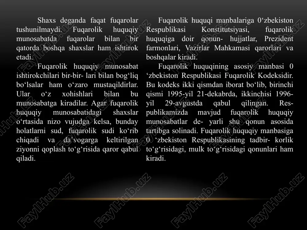hida mol-mulkka ega bo‘lgan hamda o‘z majburiyatlari yuzasidan ushbu mol- mulk bilan javob beradigan, o‘z nomidan mulkiy yoki shaxsiy nomulkiy huquqlarga ega bo‘la oladigan va ularni amalga oshira oladigan, majburiyatlami bajara oladigan, sudda da’vogar va javobgar bo‘la oladigan tashkilot hisoblanadi. yruridik shaxs sudning qaroriga muvofiq, unga vako- lat berilgan yuridik shaxs organining qaroriga muvofiq tugatilishi mumkin. yuridik shaxs tugatilishiga u tashkil qilish chog‘ida qonun hujjatlari buzilishiga yo‘l qo‘yil- ganligi, faoliyat ruxsatnomasiz (litsenziyasiz) amalga oshirilgan yoki qonun tomonidan taqiqlab qo‘yilgan faoliyat bilan shug‘ullanganligi sabab bo'lishi mumkin. bitimlar deb, fuqarolar va yuridik shaxslarning fuqarolik huquq va burchlarini belgilash, o‘zgartirish yoki bekor qilishga qaratilgan harakatlariga aytiladi. bitimlar bir tara/lama, ikki taraflama yoki ko‘p taraflama (shartnomalar) bo‘lishi mumkin. bir taraflama bitimni uni tuzgan shaxsning huquq va majburiyatlari vujudga keltiradi. masalan, vorislik huquqi bo‘yicha vasiyatnoma meros qoldiruvchi o‘lgan- dan keyin ochiladi, vorislarga merosni qabul qilish yoki undan voz kechish huquqi tug'diriladi. ikki taraflama yoki ko‘p …