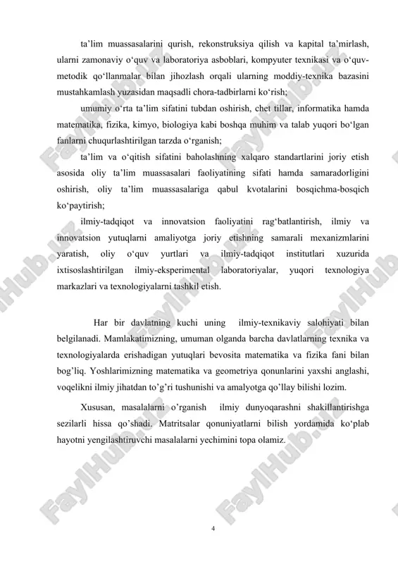 un-vektor deyiladi. o‘lchamli maritsa (satrlari soni ustunlari soniga teng, ya’ni m=n matritsa) - tartibli kvadrat matritsa deyiladi. kvadrat matritsaning chap yuqori burchagidan o‘ng quyi burchagiga yo‘nalgan elementlaridan tuzilgan diagonaliga uning bosh diagonali, o‘nq yuqori burchagidan chap quyi burchagiga yo‘nalgan elementlardan tuzilgan diagonaliga uning yordamchi diagonali deyiladi. bosh diagonalidan yuqorida (pastda) joylashgan barcha elementlari nolga teng bo‘lgan matritsa yuqoridan uchburchak (quyidan uchburchak) matritsa deyiladi. bosh diagonalda joylashmagan barcha elementlari nolga teng bo‘lgan matritsa diagonal matritsa deyiladi. diagonal matritsalarning xossasi: ikkita diagonal matritsaning yigindisi va ko`paytmasi yana diagonal matritsadir. barcha elementlari birga teng bo‘lgan diagonal matritsa birlik matritsa deyiladi va i harfi bilan belgilanadi. istalgan n-tartibli a kvadrat matritsa uchun ushbu tenglik o‘rinli: barcha elementlari nolga teng bo‘lgan ixtiyoriy o‘lchamdagi matritsa nol matritsa deyiladi va harfi bilan belgilanadi. matritsada barcha satrlarni mos ustunlar bilan almashtirish natijasida hosil qilingan matritsa matritsaning transponirlangan matritsasi deyiladi: agar bo‘lsa, matritsa simmetrik, agar bo`lsa, qiya simmetrik matritsa …