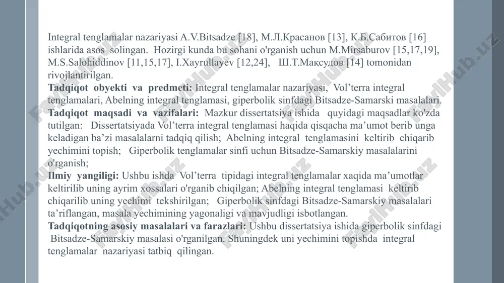 muni dissertatsiyaning birinchi bobida vol’terra tipidagi integral tenglamalar haqida umumiy tushunchalar yadroning chegaralangan, kuchsiz maxsuslikka ega bo'lgan holi ketirilgan. vol’terraning birinchi tur integral tenglamasi xaqida ma’lumotlar bayon keltirilib xossalari bayon etilgan. shu bobda batafsil yoritilgan. ikkinchi bobida vol’terra integral tenglamalariga keladigan ba’zi masalalar shu jumladan abelning integral tenglamasi, koshi masalasi keltirib chiqarilib yechimi tekshirilgan. vol’terraning chiziqli bo'lmagan tenglamalari bunyakovskiy-shvars tengsizligiga asoslanib yechim integro-differensial tenglamaga keltirilib yechim topilgan va bir necha misollar yechimini o'z ichiga oladi. 7 uchinchi bob giperbolik tipdagi tenglamalar sinfi uchun bitsadze-samarskiy tenglamasi masalaning qo'yilishi bilan ushbu tenglama uchun ko'rib chiqilgan. masalani yechini qurish uchun 1-§ da bir nechta teoremalar keltirilgan va isbotlab berilgan. 2-§ da masalani s= -1, bo'lganida ko'rilib chiqilib bir nechta misollar integral tenglamasiga kelib soxotskiy-plemel formulalari va iteratsiya metodi yordamida masalaga mos keluvchi yechim topilgan. i bob. vol’terra integral tenglamalari 1.1-§ vol’terra tenglamalari xaqida tushuncha. ketma-ket yaqinlashish usuli. 1.2-§. vol’terra tenglamalari turlari. rezolventa va …