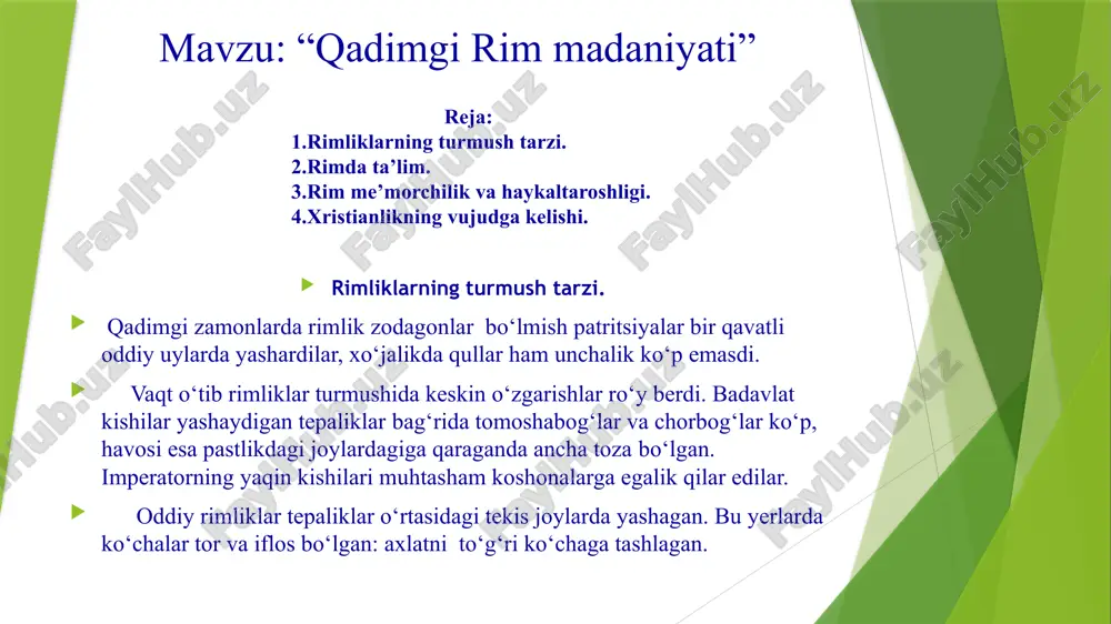 er yuzidagi ilk inson - odam ato dafn etilgan golgofa tog‘ida xochga tortganlar. “orfografik” mashq metodi “orfografik” mashq metodida o‘quvchilar yangi mavzuda o‘tilgan tarixiy atama va tarixiy shaxslarni yozishda imloviy xatolarsiz yozishni o‘rganishadi. 1. termalar 2. ritorika - 3. beton - 4. panbeon - 5. iso masih - 6. injil - 7. viflum - 8. golgofa - “kungaboqar” metodi bu metodda o‘quvchilar yangi mavzuda o‘tilgan tarixiy atama va shaxslar haqida tushunchalarni yozishadi. “kungaboqar” metodi bu metodda o‘quvchilar yangi mavzuda o‘tilgan tarixiy atama va shaxslar haqida tushunchalarni yozishadi. “zakovat” o‘yini bu o‘yinda o‘quvchilar o‘tilgan yangi mavzu bo‘yicha biroz mukammalroq savollarga dunyoqarashidan kelib chiqib, fikrlab javob berishadi. 1. xristian dinining asoschisi iso masihning shogirdlari qanday nom bilan yuritiladi va islom dinida bu qaysi so‘zga to‘g‘ri keladi ? (javobi: 1. havoriylar — apostollar, 2. xalifalar) 2. imperator konstantin chiqargan farmonlardan qaysi biri xristianlarga ibodatxona qurish imkonini berdi ? (javobi: milodiy 313- yilda “xristianlik …