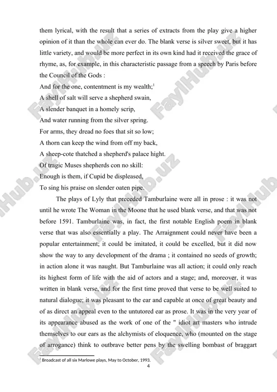 the court to attend upon the privy council for questioning. there is no record of their having met that day, however, and he was commanded to attend upon them each day thereafter until “licensed to the contrary.” [footnoteref:2]ten days later, he was stabbed to death by ingram frizer. whether the stabbing was connected to his arrest has never been resolved. literary career of the dramas attributed to marlowe, dido, queen of carthage is believed to have been his first.[footnoteref:3]it was performed by the children of the chapel, a company of boy actors, between 1587 and 1593. the play was first published in 1594; the title page attributes the play to marlowe and thomas nashe.marlowe’s first play performed on the regular stage in london, in 1587, was tamburlaine the great, about the conqueror tamburlaine, who rises from shepherd to war-lord. it is among the first english plays in blank verse, and, …