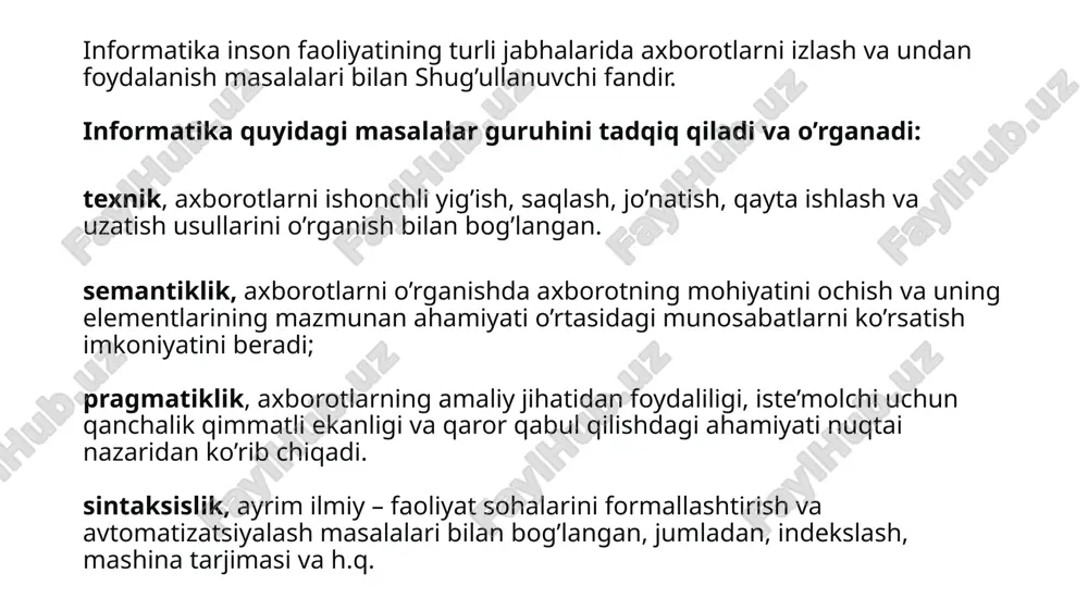 rxonalarning tashkil topishini, ularning texnik revojlanishi natijasida milliy iqtisodiyotning yangi tarmoqlarini yuzaga keltiradi. at - axborotlarni jamlash, saqlash, uzatish va shu jarayonlarni amalga oshiruvchi barcha texnik vositalarni ishlatishni o’rgatuvchi fan hisoblanadi. at fan sifatida metodologik va uslubiy holatlarni tashkillashtirish, instrumental - texnik vositalardan foydalanish usullari va h.k. o’z ichiga oladi. yangi ilmiy bilimlarni aniq axborot texnologiyalariga transformatsiya qilinishi ‒ fan sifatida axborot texnologiyalarining asosiy vazifasi hisoblanadi. “informatka” so’zi dastlab, xix asrning 60 ‒ yillarida fransiyada vujudga keladi. u informatsiya va avtomatika so’zlarini birlashtirishdanb hosil bo’lib, “ma’lumotlarni avtomatik qayta ishlash” degan ma’noni bildiradi. ingliz tilida gaplashadigan mamlakatlarda u kompyuter fani deb ataladi. mustaqil fansifatida informatika 40-yillar oxirida texnika, biologiya ijtimoiy va boshqa sohalarda boshqalarning umumiy prinsplari haqidagi fan- kibernetika fani bazasida vujudga keldi. har qanday axborot texnologiyasining maqsadi ‒ belgilangan tashuvchi vositada talab qilingan sifat darajasida kerakli axborotlarni olishdir. ayni paytda axborotlarni qayta ishlash jarayonining tezkorligi va ishonchliligi, axborot resursidan foydalanish …