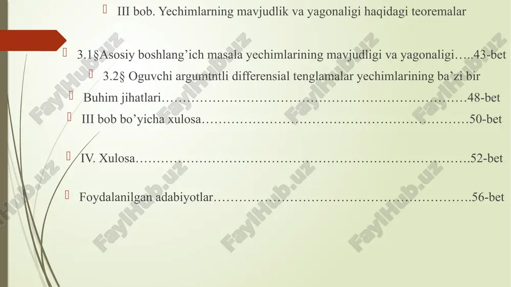 an masalaning holati haqida so'z yuritilib, asosiy tushunchalar qisqacha bayon qilinadi. dissertatsiya ishining birinchi bobida asosiy tushunchalar, ta'rif, teoremalar keltirib o;tilgan. ikkinchi bobda esa oguvchi argumentli differentsial tenglamalarning integrallanuvchi tiplari masalalari o'rganilgan. uchinchi bob echimlarning mavjudluk va yagonalik masalalarini o'rganishga bag'ishlangan. og'uvchi argumentli differentsial tenglama deb, tarkibida erkli o'zgaruvchi, noma'lum funktsiya va uning hosilasi, noma'lum funktsiya va uning hosilasining erkli o'zgaruvchining turli nuqtalardagi qiymatlari qatnashgan tenglamaga aytiladi. masalan, ko'rinishidagi tenglamaga og'uvchi argumentli differentsial tenglama misol bo'la oladi. bu erda t-erkli o'zgaruvchi, -noma'lum funktsiya, – noma'lum funktsiyaning birinchi tartibli hosilasi, – noma'lum funktsiyaning nuqtadagi qiymati. bu tenglama umumiy holdagi eng sodda kechikuvchi argumentli differentsial tenglamaga , differentsial tenglamaning eng sodda tipik ko'rinishi bo'lib, bunday tenglamalar to'g'risida keyingi boblarda ma'lumotlar berilgan. umuman olganda og'uvchi argumentli differentsial tenglamalarning umumiy ko'rinishini quyidagicha yozish mumkin: bu erda – og'uv, . esa funktsiyadan z nuqtada olingan tartibli hosilani bildiradi. umuman olganda tenglama masalaning umumiy qo'yilishida erkli …