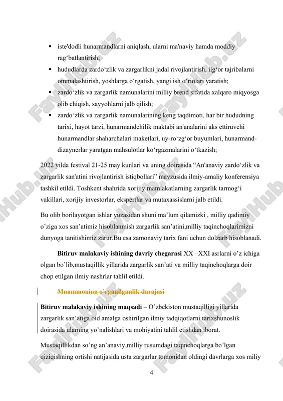 . bitiruv malakaviy ishining manbaviy asoslarini o’zbekiston mustaqilligi yillarida chop etilgan o’zbek milliy liboslari va an’anaviy qadriyatlari hamda surxon vohasi moddiy madaniyat tarixi haqida yoritilgan ilmiy tadqiqotlar, risolalar, ilmiy maqolalar to’plami, konferensiya materiallari, matbuot materiallari, o’zbek va rus tiliga tarjima qilingan manbalar, ilmiy-ommabop nashrlar tashkil etadi. bitiruv malakaviy ishining ilmiy yangiligi shundan iboratki, unda birinchi marta mustaqillik yillarida o’zbekistonda birinchi marta zargarlik maktabi ochilganligi hamda o’zbekistonda amalga oshirilgan turli xususiyatga ega tadqiqotlar tarixshunoslik doirasida umumlashtirildi, tizimlashtirildi va kompleks ravishda tahlil etildi. bitiruv malakaviy ishining ilmiy-amaliy ahamiyati. bitiruv malakaviy ishi materiallaridan madaniyat tarixiga oid o’zbekiston tarixi fanidan, etnologiya o’quv fanlarida, maxsus kurslarda foydalanish mumkin. bitiruv malakaviy ishining metodlarini tarixiy tadqiqotlar uchun umumiy qabul qilingan xolislik, tarixiylik, tanqidiylik tamoyillari, muammoviy mushohada, qiyosiy tahlil usullari tashkil etdi. bitiruv malakaviy ishining tuzilishi va hajmi. bitiruv malakaviy ishi kirish, ikki bob, xulosa, foydalanilgan manba va adabiyotlar ro’yxatidan iborat. i bob.zargarlik hunari va taqinchoqlarning o’ziga xos …