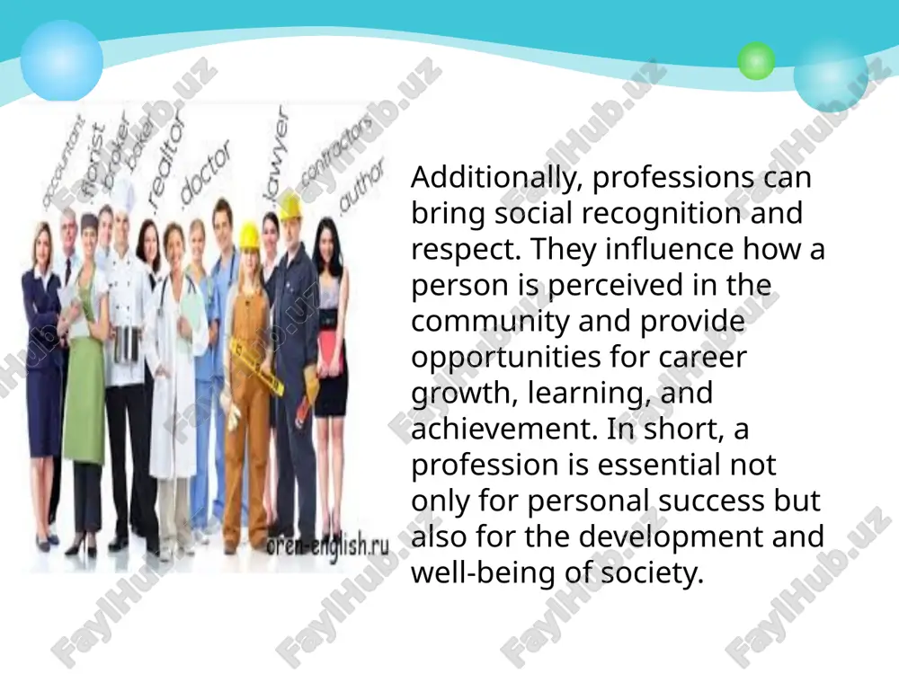 a comfortable lifestyle. professions also play a significant role in society: doctors save lives, teachers educate future generations, engineers build infrastructure, and farmers provide essential food supplies. moreover, a chosen profession gives a person a sense of identity and purpose, builds self-respect, and creates opportunities for learning and career advancement. professions can be classified into different categories based on their nature, skills required, and societal contribution. traditional professions such as doctors, teachers, engineers, lawyers, and farmers have existed for centuries and remain essential for human life and social development. modern professions have emerged with technological advancement, including software developers, data analysts, digital marketers, and graphic designers, all of which require specialized knowledge in technology and innovation. creative professions, such as artists, musicians, writers, and filmmakers, focus on artistic expression and cultural enrichment. service-oriented professions, including nurses, chefs, pilots, social workers, and police officers, involve helping people and providing essential services. …