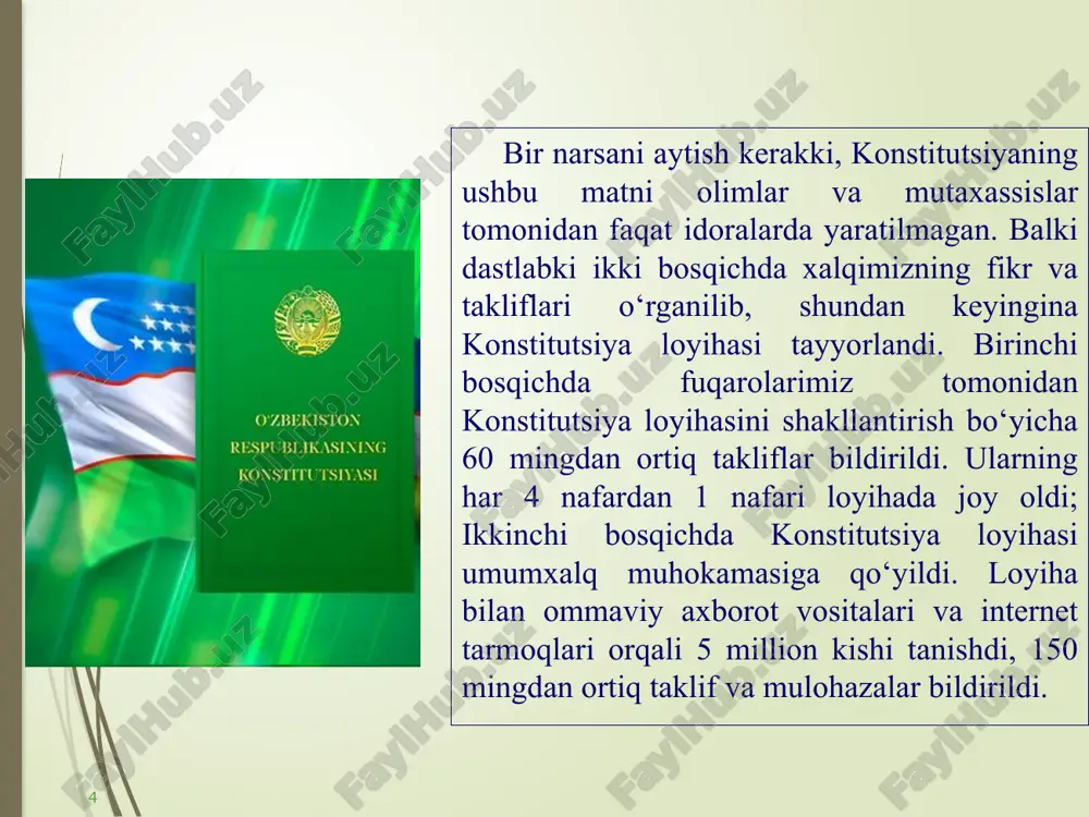 sh uchun shart-sharoitlar yaratadi. shaharlarning bosh rejalarini majburiy umumxalq muhokamasidan o‘tkazish to‘g‘risidagi konstitutsiyaviy norma shaharsozlik bilan bog‘liq masalalarni xalqimiz bilan maslahatlashgan holda hal etish imkonini beradi. 13 ta'lim olish huquqi va foydalanish imkoniyatlari kengaytiriladi, o'qituvchilar konstitutsiyaviy maqomga ega bo'ladi. ijtimoiy davlatga xos yondashuvlar ta’lim sohasiga oid ko‘plab moddalar va me’yorlarda ham o‘z ifodasini topgan. ta'lim va fanga oid normalar qariyb 2 barobar ortib bormoqda. xususan, fuqarolarning oliy ta’lim muassasalarida davlat granti hisobidan ta’lim olish huquqi qat’iy belgilandi. 14 ma’lumot uchun, grantlar soni ikki baravar ko‘payib, 40 mingtaga yetganini aytishimiz mumkin. magistratura uchun esa 5 barobar oshdi. asosiy qonun fuqarolar uchun bepul asosiy kasbiy ta'limni ham belgilab qo'ydi. imkoniyati cheklangan farzandlarimizning tengdoshlari kabi bilim olishi uchun barcha sharoitlarni yaratish ko‘zda tutilgan edi. shuning uchun bunday imkoniyatlar konstitutsiyaga inklyuziv ta'lim sifatida kiritilgan. shuning uchun bunday imkoniyatlar konstitutsiyaga inklyuziv ta'lim sifatida kiritilgan. konstitutsiyada davlatning pedagoglarning sha’ni va qadr-qimmatini himoya qilish, ularning ijtimoiy va …