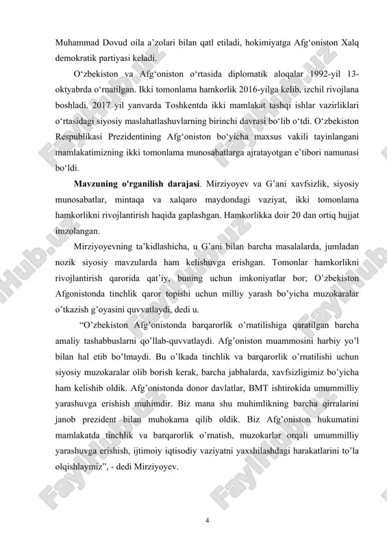 tayyorlab berishda yaqindan yordam bera boshlaydi. “afg`onistonliklar uchun o’zbek tilini o’rgatish, temiryo’l, energetika va boshqa soha mutaxassislarini yetkazib berish uchun termizda ta’lim markazini ochdik, afg`oniston fuqarolari uchun barcha zarur sharoitlarni yaratdik”. prezident ashraf g’ani o’zbek tili afg’onistonda uchinchi rasmiy til ekanini qayd etarkan, matbuot oldidagi o’z chiqishini o’zbek tilida boshladi, hazrat navoiydan iqtibos keltirdi: “ilk safar bu tinchlik safari, afg`oniston xalqining samimiy salomi va yaxshi niyatlarini qabul qilgaysiz. oxir yuz yil davomida aloqalarimiz biroz zaif bo`ldi, ammo ikki birodar xalqni qadimiy umumiy tarix, madaniyat, til boyligi bog`lab turadi. o’lkamiz afg`onistonda o’zbek tili uchinchi rasmiy til bo`lgani uchun iftixor tuyamiz”, - dedi g’ani. o’zbekiston afg’onistonga elektr energiyasini yetkazib berish uchun surxondaryoda yangi elektr uzatish liniyasi qurilishini boshlaydi. shuningdek, mozori sharifdan hirotgacha bo’lgan temiryo’l qurilishi ham o’zbekistonlik mutaxassislar tomonidan amalga oshiriladi. o’zbekiston va afg'oniston davlat chegarasidan o'tib-qaytish tartibi, termizda afg`oniston konsulligini ochish, afg’oniston fuqarolariga o’zbekistonda tibbiy xizmat ko’rsatishga doir idoralararo hujjatlar imzolangan.o‘zbekiston …