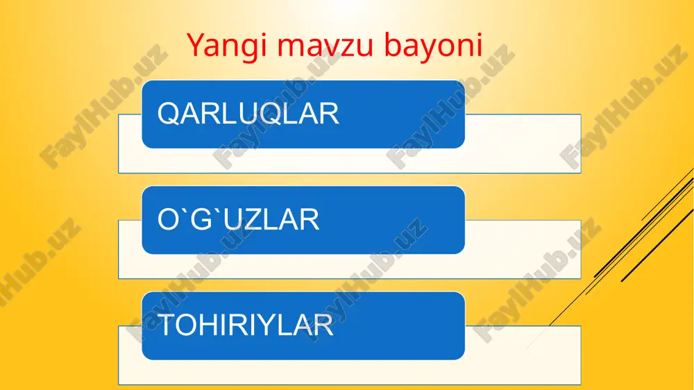 larning yirik hukmdorlari: ya’qub ibn lays (873–879); amr ibn lays (879–900) xutba – juma namozida hukmdor nomini aytib, uning haqiga duo o‘qish, olqishlash g‘oziy – haq din uchun kurashuvchi jangchi ayting-chi, nega arab xalifaligi og‘ir siyosiy tanglikka uchra di? o‘ylab ko‘ring-chi, movarounnahrda mustaqil davlatlarning pay do bo‘lishiga nima sabab bo‘ldi? qarluqlar davlati qaysi hududlarda tashkil topdi? o‘g‘uzlar davlatiga qachon asos solindi? tohiriylar davlati qanday vujudga keldi? davlatning nomi tashkil topgan davri hududi poytaxti qarluqlar davlati o‘g‘uzlar davlati tohiriylar davlati safforiylar davlati mustaqil ish darslikning matnidan foydalanib jadvalni to‘ldiring. image2.jpg image3.jpeg image4.png /docprops/thumbnail.jpeg