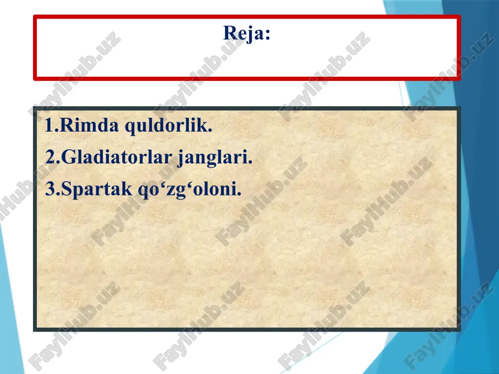 da mark krass boshchiligida koʻp ming sonli qoʻshin joʻnatildi. mil. avv. 71-yilning bahorida roʻy bergan hal qiluvchi jangda spartak lashkari tor- mor etildi, uning oʻzi esa ana shu jangda halok boʻldi. qoʻzgʻolon magʻlubiyati. spartak gʻolib boʻlishiga ishonar edi. ammo uning lashkari qullardan iborat edi. shuning uchun bu qoʻzgʻolonda qullar magʻlubiyatga uchradilar. chunki rimliklar qoʻshini kuchli edi. spartak halok boʻldi, tarafdorlari asirga tushdilar. 6 mingdan ziyod asirlar rim-kapuya oraligʻidagi yoʻl boʻylaridagi xochlarga mixlab tashlandi. jazolash yaxshi edi- yaradorlarni yovvoyi hayvonlarga tashladilar, tiriklarni oyoq- qoʻlidan mixlab qoʻyib, jon berishga qoldirdilar. mavzuni mustahkamlash 3-savol.mil. avv. 74-yilda qanday tarixiy voqea boʻlgan?. 1-savol. mayda yer ijarachilari kimlar deb atalgan? 2-savol. rimliklarning sevimli tomoshalaridan biri. 4-savol. mil. avv. 71-yilning bahorida roʻy bergan hal qiluvchi jangda kimni lashkari tor-mor etildi. javoblar. 3. spartak boshchiligidagi qullar qoʻzgʻoloni boshlanadi. 1.kolonlar. 2.gladiatorlar jangi. 4 – savol. spartak lashkari va oʻzi ham shu jangda halok boʻldi. dars yakuni “chiqish xaritasi” mashqi. …