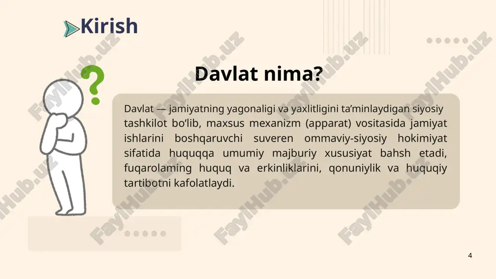 48) epikur (er.av. 341— 270) polibiy (er.av. 210—123) zenon (er. av. 336—264) 20 3) patriarxal nazariya. davlatning vujudga kelishi to‘g‘risidagi nazariyalardan biri — patriarxal nazariya hisoblanadi. patriarxal nazariyasining vujudga kelishi konfutsiy (er. av. vi—v asrlar), arastu (er.av. 384—322), filmer (xvii asr) nomlari bilan bog‘liq. 5) zo‘ravonlik nazariyasi. davlat va huquqning kelib chiqishi to‘g‘risidagi g‘arbda tarqalgan nazariyalardan biri zo‘ravonlik nazariyasidir. mazkur nazariyaning eng ko‘zga ko‘ringan tarafdori nemis faylasufi va iqtisodchisi ye. dyuring (1833—1921), 21 davlatning rivojlanish bosqichlari davlatning rivojlanish bosqichi deganda, davlat tuzilmasining tarixiy jarayon davomida bosqichma-bosqich murakkablashib, o‘zgarib borishini tushunamiz. har bir bosqich ma'lum ijtimoiy, iqtisodiy, siyosiy va madaniy o‘zgarishlarga asoslangan bo‘lib, bu jarayon odatda quyidagi omillar bilan belgilanadi: 22 . masalan: davlat boshqaruvining rivojlanishida din va madaniyat muhim rol o‘ynaydi. misol uchun, qadimgi zardushtiylik, islom diniga asoslangan xalifalik boshqaruvlari yoki yevropadagi xristian cherkovi ta’siri​ . 1.ijtimoiy tuzilma 2.siyosiy boshqaruv shakli 3.huquqiy tizim va qonunlar 4.iqtisodiy tizim 5.madaniy va diniy …