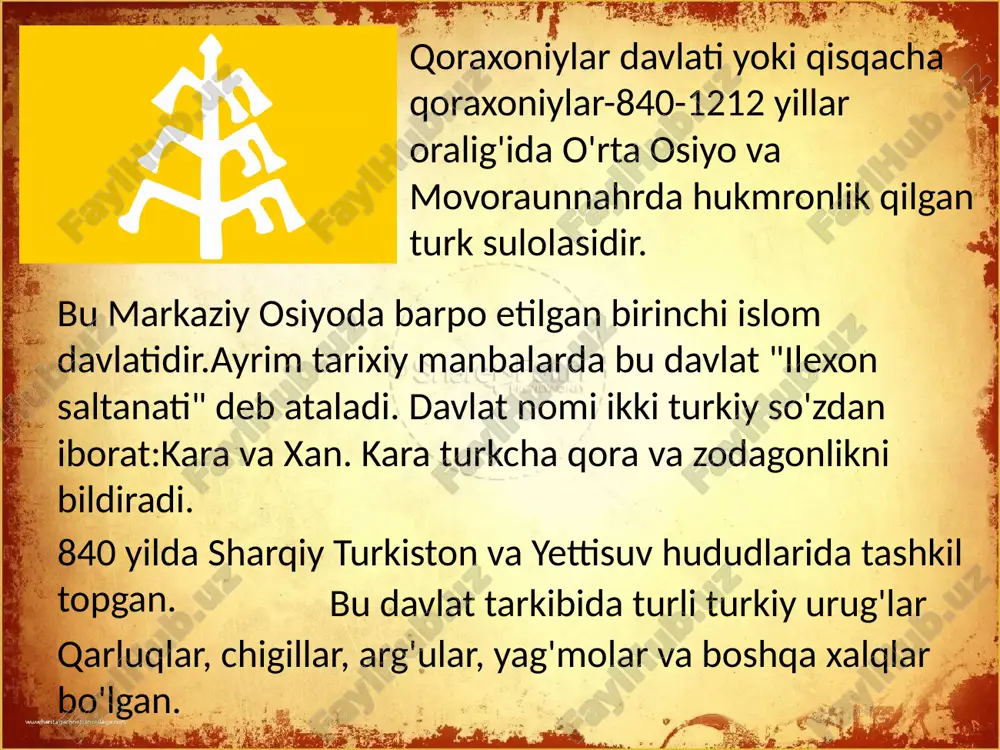 gi uchun qoraxoniylar ruhoniylar bilan yaqin vado’stona munosabatda bo’lishga intilishgan. bu davrda imomlar, saidlar, shayxlar va sadrlarga eʼtibor kuchayib, ularning obro’si nihoyatda baland bo’lgan. bu esadavlatning siyosiy hayotida ular ta'sirining kuchayishiga olib kelgan. qozilar va hokimlar–xuquq va tartibot ishlarini nazorat qilgan va amalgaoshirganlar.-tasavvuf vakillari–faqirona hayot kechirganlar, xalq tomonidan nihoyatdae’zozlangan, hukmdorlar ham ularni hurmat qilganlar va ulardan ko’pincha duotilaganlar.-oqsoqollar - qishloq, qasaba, urug’ qabilalari boshliqlari.-amaldorlar va sipohiylar.-g’oziylar – islom dini uchun kurashuvchilar. foydalanilgan adabiyotlar 1. 2. 3. axmedov " o'zbekiston tarixi manbalari" t:. 2001-yil azamat ziyo o'zbek davlatchilik tarixi t:. 2000-y karayev qoraxoniy xoqonligi tarixi t:.1994 e'tiboringiz uchun raxmat image1.png image2.jpeg image3.png image4.png image5.jpeg image6.png image7.jpeg image8.png image9.png image10.jpeg image11.png