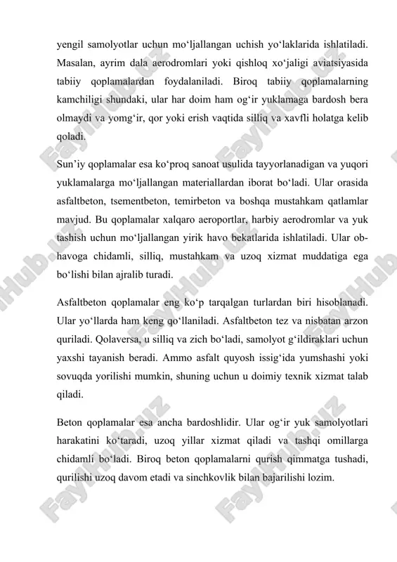 ‘ladi. har bir qatlam tekislanadi, maxsus zichlovchi texnika yordamida zichlanadi. zichlanmagan qatlam keyinchalik o‘z-o‘zidan cho‘kadi va qoplama yorilishi mumkin. shuning uchun zichlash jarayoni alohida nazorat ostida olib boriladi. poydevor tayyorlangandan keyin qoplama materiallari yotqiziladi. agar asfaltbeton ishlatiladigan bo‘lsa, uni issiq holatda maxsus texnika yordamida yotqizish kerak bo‘ladi. asfalt 150–180°c haroratda bo‘lishi kerak. uni mashinalar yordamida tekis yoyiladi va silindrli zichlagichlar bilan ustidan bir necha marta bosiladi. har bir qatlam bir-biriga yaxshi yopishishi uchun asfalt ketma-ketlikda va izchil yotqiziladi. agar tsementbeton yoki temirbeton ishlatilsa, unda avval armaturlar o‘rnatiladi. armatura – bu metall tayoqlar to‘ridan iborat bo‘lib, betonning mustahkamligini oshiradi. keyin maxsus aralashtirgich mashinalarida beton tayyorlanadi va kerakli maydonga quyiladi. beton sathi tekislanadi, maxsus mashinalar bilan titratiladi va zichlanadi. so‘ngra, beton usti silliqlanadi va bir necha kun davomida nam ushlab turiladi. bu betonning yorilmasdan qotishiga yordam beradi. qurilishda ishlatilayotgan materiallarning sifati doimiy laboratoriya nazoratidan o‘tkaziladi. har bir qatlamdan namunalar olinadi va zichligi, …