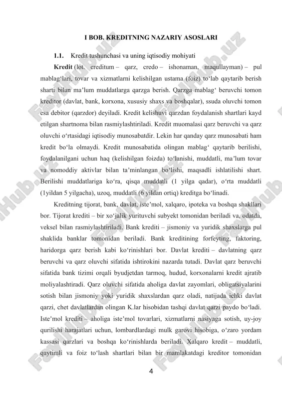 ʻlarni kapital qoʻyishning eng foydali va istiqbolli yoʻnalishlarida toʻplash imkoniyatlari yuzaga keladi. kredit resurslarini banklar tomonidan tartibga solish mexanizmlari yordamidapul aylanmasi toraytiriladi yoki ken-gaytiriladi, toʻlovga qrbil talabning koʻpayishi yoki qisqarishi yuz beradi, bu esa, oʻz navbatida, ishlab chiqarish rivojiga ragʻbat beradi. kredit munosabatlarida uning barqaror boʻlishi muhim ahamiyatga ega. bunga erishish uchun mamlakatda kredit siyosati olib boriladi. kredit siyosati tarkibida banklarning foiz siyosati va ajratilayotgan k.larning yoʻnalishlari, ularning qaytarilishini taʼminlash, kreditning samaradorligini oshirish, imtiyozlar, yuz berishi mumkin boʻlgan xavf-xatarlar oldini olish tadbirlari katta rol oʻyvaydi. oʻzbekistonda tijorat banklarning kredit siyosati mamlakat iqtisodiyotining ustuvor tarmoqlarini jadal rivojlantirishga yoʻvaltirilgan. jumladan, oʻzbekiston respublikasi markaziy bankining markazlashtirilgan k.lari mamlakat mustaqilligini mustahkamlashga yoʻvaltirilgan yangi ishlab chiqarish korxonalarini barpo etishga ajratilmokda. shuningdek, mamlakat tijorat banklari ham yangi ishlab chiqarish quvvatlarini barpo etishga kreditlar ajratish bilan birga kichik va oʻrta biznesni qoʻllabquvvatlashni ham amalga oshirmoqda. imtiyozli shartlarda ajratilayotgan kreditlar va mikrokreditlar shular jumlasidandir. kredit tizimi: markaziy bank, …