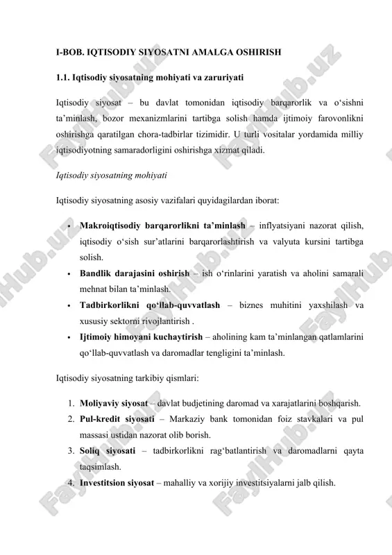 udjet siyosati – davlat daromadlarini va xarajatlarini boshqarish orqali iqtisodiy barqarorlikni ta’minlash maqsad qilinadi. · davlat xarajatlari – infratuzilmani rivojlantirish, ijtimoiy dasturlarni moliyalashtirish va iqtisodiy rag‘batlantirish choralarini qamrab oladi. 2. monetar siyosat monetar siyosat davlatning pul-kredit tizimini tartibga solish orqali inflyatsiyani nazorat qilish va iqtisodiy barqarorlikni saqlashga qaratilgan choralar majmuidir. · pul massasi nazorati – iqtisodiyotda pul miqdorini tartibga solish orqali inflyatsiyani oldini olish. · markaziy bank foiz stavkalari – markaziy bank kredit va depozit foiz stavkalarini belgilash orqali pul oqimlarini boshqaradi. · valyuta kursi boshqaruvi – milliy valyutaning barqarorligini saqlash va xalqaro bozor sharoitlariga moslashtirish (imf, 2023). 3. tashqi iqtisodiy siyosat davlat xalqaro iqtisodiy hamkorlikni rivojlantirish, eksport-import operatsiyalarini tartibga solish va xorijiy investitsiyalarni jalb qilish uchun tashqi iqtisodiy siyosat yuritadi. · eksport va importni muvozanatlashtirish – savdo balansini ta’minlash va milliy iqtisodiy manfaatlarni himoya qilish. · chet el investitsiyalarini jalb qilish – xorijiy sarmoyalarni rag‘batlantirish va investitsion muhitni yaxshilash. …