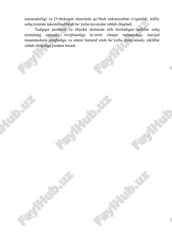 yicha xalqaro tajriba ham tahlil qilinadi. turli mamlakatlarning soliq siyosati, ularning samaradorligi va o‘zbekiston sharoitida qo‘llash imkoniyatlari o‘rganilib, milliy soliq tizimini takomillashtirish bo‘yicha tavsiyalar ishlab chiqiladi. tadqiqot predmeti va obyekti doirasida olib boriladigan tahlillar soliq tizimining iqtisodiy rivojlanishga ta’sirini chuqur tushunishga, mavjud muammolarni aniqlashga va ularni bartaraf etish bo‘yicha ilmiy-amaliy takliflar ishlab chiqishga yordam beradi. i bob. soliq tizimining nazariy asoslari soliqning kelib chiqishi davlatning paydo boʻlishi bilan chambarchas bogʻliq boʻlib, juda qadimiy tarixga ega. tarixiy manbalarda bundan 3760-yil muqaddam bobil davlatida hammurapi qonunlari bilan soliqning joriy etilgani toʻgʻrisida maʼlumotlar uchraydi. hozirgi davrda ham davlat bajaradigan vazifalarni mablagʻ bilan taʼminlash muammosi soliqning obyektiv zarurligini keltirib chiqaradi. undirish usuliga koʻra, toʻgʻri va egri soliqga boʻlinadi. toʻgʻri soliq molmulk va daromadga bevosita joriy qilinadi va soliq toʻlovchi tomonidan oraliq vositachilarsiz toʻlanadi. keng tarqalgan turlari: qoʻshilgan qiymat soligʻi, daromad soligʻi, meros hamda hadya soligʻi, tovar aylanmasi soligʻi, savdo soligʻi, eksportimport soligʻi va boshqa …