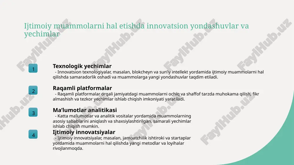 nlari tezlashadi va sifat yaxshilanadi. 2 modernizatsiya jarayoni ishlab chiqarishni modernizatsiya qilish uchun eski uskunalarni zamonaviy texnologiyalar bilan almashtirish, jarayonlarni avtomatlashtirish va energiya tejamkor usullar qo‘llaniladi. 3 rivojlanish imkoniyatlari innovatsiyalar va modernizatsiya yangi bozorlar va eksport imkoniyatlarini kengaytiradi, iqtisodiy o‘sishni ta’minlashda muhim rol o‘ynaydi, va raqobatbardoshlikni oshiradi. yashil texnologiyalar va ekologik barqarorlikni ta'minlash 01 yashil texnologiyalarning ahamiyati yashil texnologiyalar atrof-muhitni muhofaza qilish va energiya samaradorligini oshirishda muhim rol o'ynaydi, bu esa barqaror rivojlanishga yordam beradi. 02 ekologik barqarorlik uchun yechimlar quyosh, shamol va biomassa kabi yangi energiya manbalari ekologik barqarorlikni ta'minlab, karbon izini kamaytiradi va resurslarni tejash imkonini yaratadi. 03 rivojlanayotgan texnologiyalar aqlli tarmoqlar, chiqindilarni kamaytiradigan texnologiyalar va energiya nazorati tizimlari orqali ishlab chiqarish ekologik ta'sirni minimallashtiradi. 04 davlat va jamiyat roli hukumat siyosatlari, subsidiyalar va jamoatchilik ishtiroki yashil texnologiyalarni keng joriy etish va ekologik barqarorlikni ta'minlashda muhimdir. startaplar va kichik bizneslarni rivojlantirish orqali iqtisodiy o'sish 1 innovatsion startaplar startaplar …