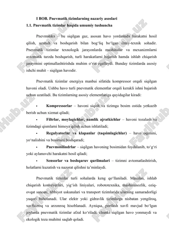 ga xizmat qiladi. pnevmatik tizimlarning ishlash prinsipi juda oddiy: siqilgan havo maxsus quvurlar orqali pnevmatik boshqaruv elementlariga uzatiladi va bu havo bosimi asosida mexanik harakat amalga oshiriladi. bunday tizimlar energiya uzatishning ekologik xavfsiz va ishonchli usuli hisoblanadi, chunki havo tabiiy, toza va istalgan joyda mavjud bo‘lgan muhitdir. shuningdek, siqilgan havoning xavfli chiqindilari yo‘qligi uni ko‘plab sanoat tarmoqlarida afzal tanlovga aylantirgan. pnevmatik tizimlar avtomatik va yarim avtomatik qurilmalarda keng qo‘llaniladi. jumladan, robototexnika sohasida ular ishlov berish, ko‘tarish, siljitish, qisish kabi harakatlar uchun asosiy aktuator sifatida xizmat qiladi. bundan tashqari, pnevmatik boshqaruv asosida ishlaydigan presslar, burg‘ulash uskunalari, kesish moslamalari ham keng tarqalgan. bunday tizimlarning asosiy afzalliklari quyidagilardan iborat: · ishonchlilik va uzoq xizmat muddati; · harorat ta’siriga chidamlilik (issiq va sovuq sharoitda ishlay oladi); · portlash xavfisiz muhitlarda ishlash imkoniyati; · quvvat uzatishda yuqori tezlik; · qurilmaning oddiy tuzilishi tufayli texnik xizmat ko‘rsatish qulayligi. biroq, pnevmatik tizimlarda ayrim kamchiliklar ham mavjud, masalan, …