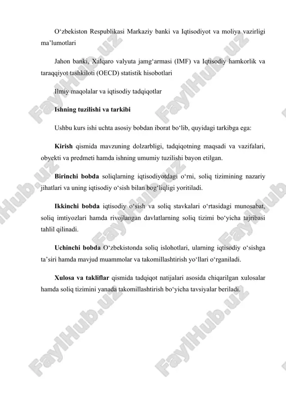 g daromadlari va xarajatlarini tahlil qiladi. soliq tizimi iqtisodiy o‘sishga bevosita ta’sir qiladi. agar soliq yuklamasi haddan tashqari og‘ir bo‘lsa, tadbirkorlik va investitsiyalar kamayadi, aksincha, o‘rinli soliq siyosati iqtisodiy faollikni oshiradi. shu sababli, soliqlarning to‘g‘ri boshqarilishi mamlakatning iqtisodiy barqarorligiga va rivojlanishiga xizmat qiladi. soliq tushunchasi soliq – bu davlat tomonidan yuridik va jismoniy shaxslardan majburiy tarzda undirib olinadigan pul mablag‘lari bo‘lib, u davlatning moliyaviy ehtiyojlarini qoplash, iqtisodiyotni tartibga solish va ijtimoiy dasturlarni amalga oshirish uchun ishlatiladi. soliqlar davlat byudjetining asosiy daromad manbai hisoblanadi va ularning samarali boshqarilishi iqtisodiy barqarorlik va o‘sishga katta ta’sir ko‘rsatadi. soliqlarning iqtisodiyotdagi o‘rni shundaki, ular: davlat xarajatlarini moliyalashtirish – davlat byudjetining shakllanishi va ijtimoiy dasturlarni amalga oshirish uchun asosiy manba hisoblanadi. iqtisodiy siyosat vositasi – soliqlar orqali davlat iqtisodiyotga ta’sir o‘tkazadi (masalan, investitsiyalarni rag‘batlantirish yoki iste’molni tartibga solish). ijtimoiy tenglikni ta’minlash – progresiv soliq tizimi orqali boylikni qayta taqsimlash amalga oshiriladi. mahalliy va xalqaro investitsiyalarni boshqarish …