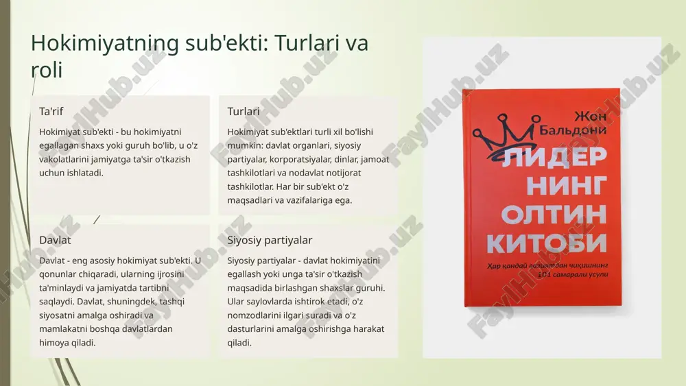 o'ymaydi, shu bilan birga, jamiyat a'zolarining huquq va erkinliklarini kafolatlaydi. hokimiyat esa qonunlarning ijrosini ta'minlab, jamiyatda tartib va qonuniylikni o'rnatadi. 8 hokimiyatning suiiste'mol qilinishi va unga qarshi kurash hokimiyatning suiiste'mol qilinishi jamiyat uchun xavfli. bu, ayniqsa, demokratik institutlar sust rivojlangan yoki fuqarolik jamiyati zaif bo'lgan davlatlarda seziladi. bunday sharoitlarda hokimiyatni nazorat qilish mexanizmlari yetarli emasligi sababli, suiiste'mollik holatlari ko'payishi mumkin. bu zulm, korrupsiya, inson huquqlarining buzilishiga olib kelishi mumkin. zulm deganda, hokimiyatning siyosiy opponentlarga yoki jamiyatning muayyan guruhlariga nisbatan repressiya siyosati yuritishi tushuniladi. korrupsiya esa, davlat resurslaridan shaxsiy manfaatlar yo'lida foydalanishni anglatadi. inson huquqlarining buzilishi esa, so'z erkinligi, vijdon erkinligi, yig'ilishlar erkinligi kabi fundamental huquqlarning cheklanishiga olib keladi. hokimiyatning suiiste'mol qilinishiga qarshi kurashish uchun jamoatchilik nazorati, o'zaro tekshiruv va qonun ustuvorligini ta'minlash muhim. jamoatchilik nazorati, ommaviy axborot vositalari va fuqarolik jamiyati institutlari orqali amalga oshiriladi. o'zaro tekshiruv, hokimiyat tarmoqlari o'rtasida muvozanatni saqlash va bir tarmoqning boshqasiga nisbatan suiiste'mol qilishiga yo'l …