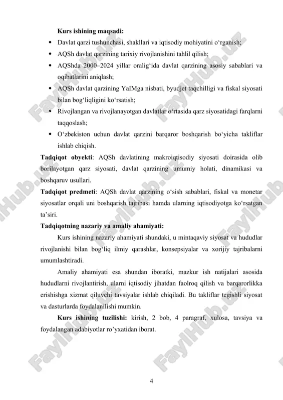 siyosati doirasida olib borilayotgan qarz siyosati, davlat qarzining umumiy holati, dinamikasi va boshqaruv usullari. tadqiqot predmeti: aqsh davlat qarzining o‘sish sabablari, fiskal va monetar siyosatlar orqali uni boshqarish tajribasi hamda ularning iqtisodiyotga ko‘rsatgan ta’siri. tadqiqotning nazariy va amaliy ahamiyati: kurs ishining nazariy ahamiyati shundaki, u mintaqaviy siyosat va hududlar rivojlanishi bilan bog‘liq ilmiy qarashlar, konsepsiyalar va xorijiy tajribalarni umumlashtiradi. amaliy ahamiyati esa shundan iboratki, mazkur ish natijalari asosida hududlarni rivojlantirish, ularni iqtisodiy jihatdan faolroq qilish va barqarorlikka erishishga xizmat qiluvchi tavsiyalar ishlab chiqiladi. bu takliflar tegishli siyosat va dasturlarda foydalanilishi mumkin. kurs ishining tuzilishi: kirish, 2 bob, 4 paragraf, xulosa, tavsiya va foydalangan adabiyotlar ro’yxatidan iborat. i.bob. davlat qarzi tushunchasi va nazariy asoslari 1.1. davlat qarzining iqtisodiy mohiyati. davlat qarzining turlari (ichki va tashqi) davlat qarzining kelib chiqish sabablari, uning oshib yoki kamayib borishi har bir davlatning iqtisodiy siyosati, islohotlar qamrovi va dinamikasi bilan uzviy bogʻliqdir.so ̳nggi yillarda dunyo mamlakatlarida …