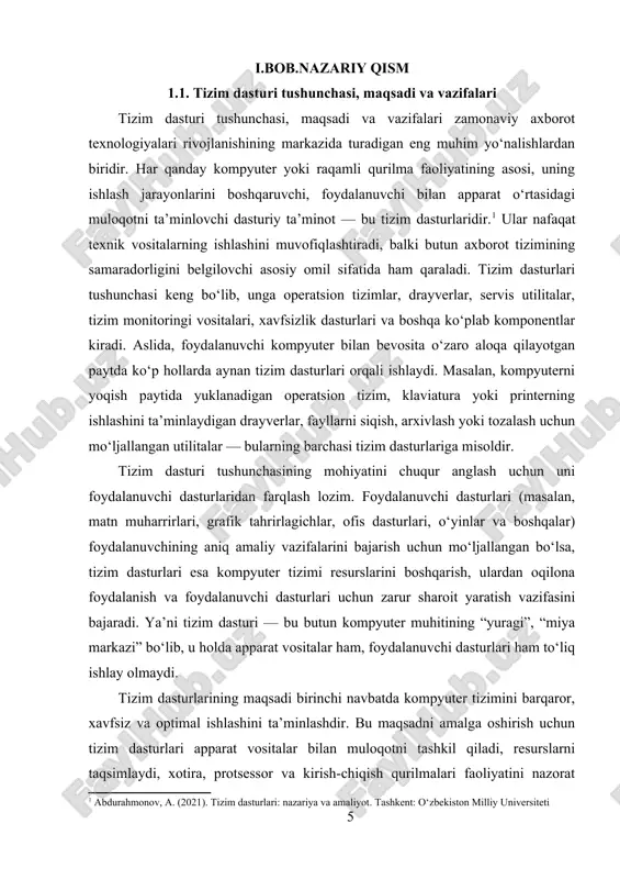 izim dasturlari orqali ishlaydi. masalan, kompyuterni yoqish paytida yuklanadigan operatsion tizim, klaviatura yoki printerning ishlashini ta’minlaydigan drayverlar, fayllarni siqish, arxivlash yoki tozalash uchun mo‘ljallangan utilitalar — bularning barchasi tizim dasturlariga misoldir. [1: abdurahmonov, a. (2021). tizim dasturlari: nazariya va amaliyot. tashkent: o‘zbekiston milliy universiteti] tizim dasturi tushunchasining mohiyatini chuqur anglash uchun uni foydalanuvchi dasturlaridan farqlash lozim. foydalanuvchi dasturlari (masalan, matn muharrirlari, grafik tahrirlagichlar, ofis dasturlari, o‘yinlar va boshqalar) foydalanuvchining aniq amaliy vazifalarini bajarish uchun mo‘ljallangan bo‘lsa, tizim dasturlari esa kompyuter tizimi resurslarini boshqarish, ulardan oqilona foydalanish va foydalanuvchi dasturlari uchun zarur sharoit yaratish vazifasini bajaradi. ya’ni tizim dasturi — bu butun kompyuter muhitining “yuragi”, “miya markazi” bo‘lib, u holda apparat vositalar ham, foydalanuvchi dasturlari ham to‘liq ishlay olmaydi. tizim dasturlarining maqsadi birinchi navbatda kompyuter tizimini barqaror, xavfsiz va optimal ishlashini ta’minlashdir. bu maqsadni amalga oshirish uchun tizim dasturlari apparat vositalar bilan muloqotni tashkil qiladi, resurslarni taqsimlaydi, xotira, protsessor va kirish-chiqish …