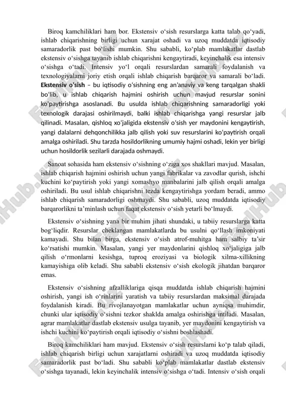 in yer birligi uchun hosildorlik sezilarli darajada oshmaydi. sanoat sohasida ham ekstensiv o‘sishning o‘ziga xos shakllari mavjud. masalan, ishlab chiqarish hajmini oshirish uchun yangi fabrikalar va zavodlar qurish, ishchi kuchini ko‘paytirish yoki yangi xomashyo manbalarini jalb qilish orqali amalga oshiriladi. bu usul ishlab chiqarishni tezda kengaytirishga yordam beradi, ammo ishlab chiqarish samaradorligi oshmaydi. shu sababli, uzoq muddatda iqtisodiy barqarorlikni ta’minlash uchun faqat ekstensiv o‘sish yetarli bo‘lmaydi. ekstensiv o‘sishning yana bir muhim jihati shundaki, u tabiiy resurslarga katta bog‘liqdir. resurslar cheklangan mamlakatlarda bu usulni qo‘llash imkoniyati kamayadi. shu bilan birga, ekstensiv o‘sish atrof-muhitga ham salbiy ta’sir ko‘rsatishi mumkin. masalan, yangi yer maydonlarini qishloq xo‘jaligiga jalb qilish o‘rmonlarni kesishga, tuproq eroziyasi va biologik xilma-xillikning kamayishiga olib keladi. shu sababli ekstensiv o‘sish ekologik jihatdan barqaror emas. ekstensiv o‘sishning afzalliklariga qisqa muddatda ishlab chiqarish hajmini oshirish, yangi ish o‘rinlarini yaratish va tabiiy resurslardan maksimal darajada foydalanish kiradi. bu rivojlanayotgan mamlakatlar uchun ayniqsa muhimdir, chunki …