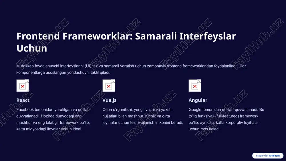 ai/ml modellari veb ilovalarga chuqur integratsiya qilinmoqda, bu esa shaxsiylashtirilgan tajribalar, avtomatlashtirilgan yordamchilar va aqlli ma'lumot tahlilini yaratishga imkon beradi. web3 va blokcheyn markazlashtirilmagan ilovalar (dapps), kriptovalyuta hamyonlari va boshqa web3 texnologiyalari yordamida ishonchga asoslangan yangi internet imkoniyatlari ochilmoqda. harakatga kiring! veb dasturlash sohasi doimiy rivojlanishda. siz ham bugun o‘rganishni boshlang, zamonaviy texnologiyalarni o‘zlashtiring va kelajakning raqamli dunyosini yarating! rahmat! 10 image-1002-1.png image-1-1.png image-1003-1.png image-2-1.png image-2-2.svg image-2-3.png image-2-4.svg image-2-5.png image-1004-1.png image-3-1.png image-3-2.png image-3-3.svg image-3-4.png image-3-5.svg image-3-6.png image-3-7.svg image-1005-1.png image-4-1.png image-4-2.svg image-4-3.png image-4-4.svg image-4-5.png image-4-6.svg image-1006-1.png image-5-1.png image-1007-1.png image-1008-1.png image-7-1.png image-7-2.png image-7-3.png image-1009-1.png image-8-1.png image-1010-1.png image-9-1.png image-9-2.svg image-9-3.png image-9-4.svg image-9-5.png image-9-6.svg image-1011-1.png image-10-1.png image-10-2.png image-10-3.svg image-10-4.png image-10-5.svg image-10-6.png image-10-7.svg