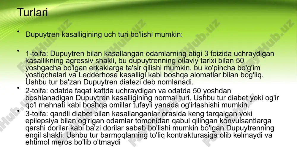 un qo'l terapiyasi buyuriladi. qo'l terapiyasining darajasi bemorga va tuzatish tartibiga bog'liq. qo'l terapiyasidan tashqari, ko'plab jarrohlar barmoqlarning harakatchanligini saqlab qolish uchun operatsiyadan keyin statik yoki dinamik shinalardan foydalanishni maslahat berishadi. splint shifobaxsh to'qimalarni uzoq vaqt cho'zish va fleksiyon kontrakturalarini oldini olish uchun ishlatiladi. splinting operatsiyadan keyingi keng qo'llaniladigan aralashuv bo'lsa-da, uning samaradorligi dalillari cheklangan, splinting yondashuvlarining o'zgarishiga olib keladi. ko'pgina jarrohlar splint qilish to'g'risida qaror qabul qilish uchun klinik tajribadan foydalanadilar. keltirilgan afzalliklarga barmoqlarning kengayishini ta'minlash va yangi fleksiyon kontrakturalarining oldini olish kiradi. keltirilgan kamchiliklarga qo'shma qattiqlik, uzoq muddatli og'riq, noqulaylik, keyinchalik funktsiya va shish kamayadi. uchinchi yondashuv erta o'z-o'zini mashq qilish va cho'zishni ta'kidlaydi. xavf agar dyupyuitren kontrakturasini davolamasa, barmoq doimo bukilgan bo‘lib qoladi va qo‘l funksiyalari qisman yo‘qoladi. bu, ayniqsa, agar ishchi qo‘l shikastlangan bo‘lsa, juda muhimdir: o‘ng qo‘l o‘ng qo‘ldan, chap qo‘l esa chap qo‘ldan foydalana olmaydi. bu tugmalarni qadash yoki qoshiqni ushlab turish kabi kundalik …