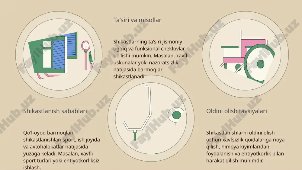 kundalik hayotga qaytishini ta'minlash uchun terapiya va treninglar o'tkaziladi. shikastlanishlarni oldini olish uchun xavfsizlik qoidalariga qat'iy rioya qilish va o'z-o'zini himoya qilish usullarini o'rganish muhim. o'zbekiston sport mutaxassisi reabilitatsiya muvaffaqiyatini baholash usullari: funksional holatning doimiy monitoringi, klinik va laboratoriya testlari, subyektiv baholash. muvaffaqiyatli reabilitatsiya misollari: harakat qobiliyatining yaxshilanishi va hayot sifatining oshishi. baholash natijalari yordamida davolash strategiyalari aniqlanadi va takomillashtiriladi. reabilitatsiya muvaffaqiyatini baholash photo by getty images on unsplash xulosa ushbu prezentatsiyada qo'l-oyoq barmoqlari paylari shikastlanishlarining turlari, asosiy sabablari, belgilari, tashxis va davolash usullari muhokama qilindi. oldini olish uchun xavfsizlik qoidalari va ehtiyot choralariga e'tibor qaratildi. reabilitatsiya muhimligi va muvaffaqiyat uchun tavsiyalar taqdim etildi. professional yondashuv bu jarayonlarda muhimdir. foydalanilgan adabiyotlar 1. o'zbekiston respublika sog'liqni saqlash vazirligi. barmoqlarning shikastlanishi va ularni davolash usullari. toshkent: sog'liqni saqlash nashriyoti, 2020. 2. akmalov m., rahimov s. qo'l-oyoq barmoqlari shikastlanishlarining diagnostikasi va davolash usullari. o'zbekiston tibbiyot jurnal, 2021. 3. toshkent davlat tibbiyot instituti. sport …