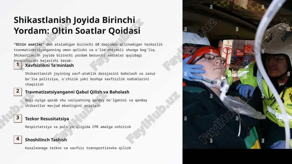 oriyasini toza saqlash va udishning tekisligi qon oqimining stabilizatsiyasi gemostazis va gemodinamik barqararligi asab tizimining qoplanishi spinal shikastlarni inmobilizatsiya qilish shoshilinch tibbiy yordamning mukammalligi travmatizatsiyanganning sog'ayishi va qayta tiklanaishi uchun muhim. bu tamoyillar xalqaro standartlarga muvofiq va ko'plab tibbiy tashkilotlar tomonidan qabul qilingan. shikastlanish joyida birinchi yordam: oltin soatlar qoidasi "oltin soatlar" deb ataladigan birinchi 60 daqiqada qilinadigan tezkorlik travmatizatsiyanganning omon qolishi va o'lim ehtimoli shunga bog'liq. shikastlanish joyida birinchi yordam beruvchi xodimlar quyidagi bosqichlarni bajarishi kerak: 1 xavfsizlikni ta'minlash shikastlanish joyining xavf-ataklik darajasini baholash va zarur bo'lsa politsiya, o'chirik yoki boshqa xavfsizlik xodimlarini chaqirish 2 travmatizatsiyanganni qabul qilish va baholash ongi-oyiga qarab shu vaziyatning qanday bo'lganini va qanday shikastlar mavjud ekanligini aniqlash 3 tezkor resusitatsiya respirtatsiya va puls yo'qligida cpr amalga oshirish 4 shoshilinch tashish kasalxonaga tezkor va xavfsiz transportirovka qilish shikastlanish turlari va ularga xos shtyo choralari somat shikastlari suyak shikastlari: immobilizatsiya, analgetik berish, qonning to'xtash yumshoq to'qima …