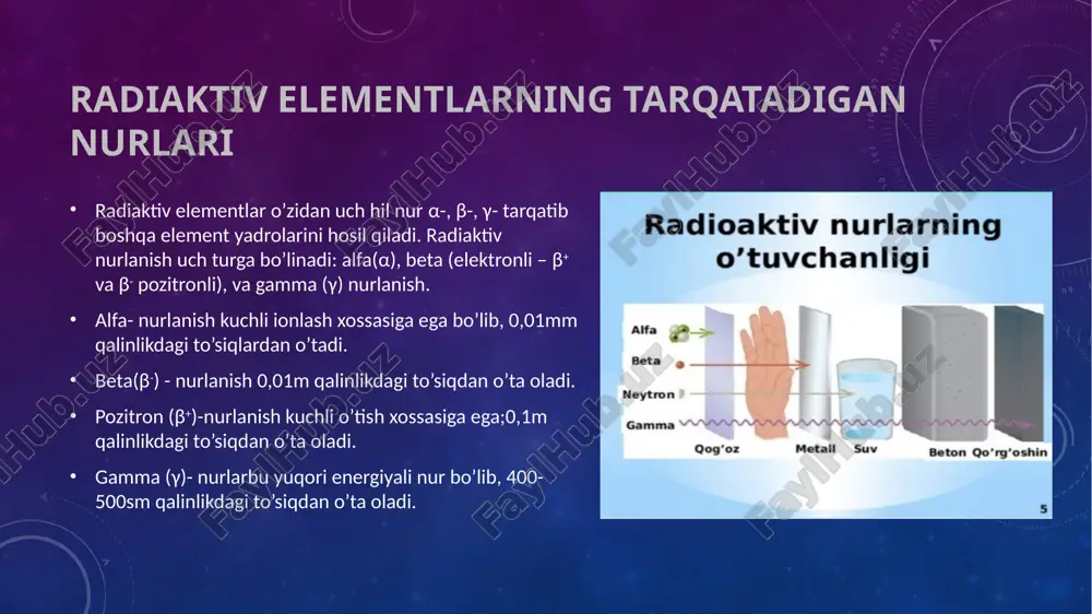 hlilaridan hisoblanadi, rentgen nurlarini ishlatmasligi bilan boshqalaridan farq qiladi.bu usulda vodorod atomlarining protonlari kuchli magnit maydon bilan qo’zg’aladi.mrt usuli ayniqsa, o’zida vodorod atomlarini suv molekulalari ko’rinishida tutgan yumshoq to’qimarni tasvirini olishda qo’laniladi. brahiterapiya brahiterapiya-bu radiaktiv izatoplarni organizmga ko’chirib o’tkazish hisoblanadi. bu usulda radiaktiv izotoplar implantatsiya qilinadi va u ichki nur terapiyasi deb ataladi. sog’lom to’qimalga iloji boricha zarar yetkazmasdan, rak bilan kasalangan a’zolarga radiatsiyalarni katta dozasi qo’laniladi. etiboringiz uchun raxmat image2.png image3.png image4.png image5.jpeg /docprops/thumbnail.jpeg