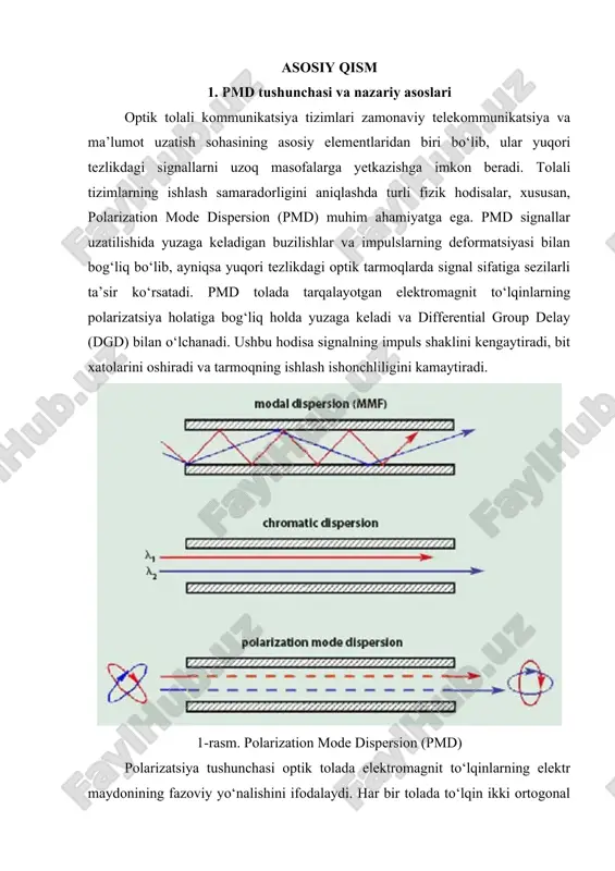 asosiy polarizatsiya rejimi orasidagi guruh tezligi farqini ifodalaydi. dgd ning kattaligi toladagi birefringence darajasi va signalning uzatilish uzunligiga bog‘liq. masalan, 10 gbit/s tizimda dgd 10 ps bo‘lsa, signalning impuls shakli sezilarli darajada deformatsiyalanadi. 1990-yillarda a. mecozzi va m. shtauber dgd ning signal uzatilishdagi ta’sirini matematik model orqali aniqladilar va yuqori tezlikli tarmoqlarda pmdni kamaytirish usullarini taklif etdilar (mecozzi & shtauber, 1995). pmd tolalarda bir necha sabablarga ko‘ra yuzaga keladi. geometrik nomuvofiqliklar tolada asosiy sabab sifatida qaraladi. toladagi radius, qalinlik, yadroning markazidan og‘ish yoki tolani qurishda yuzaga keladigan boshqa fizik nomuvofiqliklar birefringence darajasini oshiradi. bundan tashqari, tolani ishlov berish jarayonida yuzaga keladigan stress va deformatsiyalar ham pmdga olib keladi. tolani cho‘zish, egish, burish yoki boshqa mexanik ta’sirlar birefringence darajasini o‘zgartiradi va bu signalning tarqalish tezligiga ta’sir qiladi. 2000-yillarda k. s. lee va j. p. gordon toladagi stress va tashqi ta’sirlar pmdga qanday ta’sir qilishini tajribaviy ravishda o‘rganib, signal sifati va dgd …