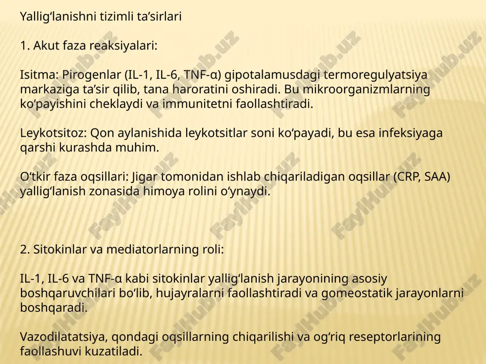 ik yallig‘lanishning oqibatlari: regeneratsiyaning buzilishi. fibroz va to‘qimalarning funksional imkoniyatlarining pasayishi. xulosa yallig‘lanishning tizimli ta’siri va regeneratsiya mexanizmlarini o‘rganish patologik anatomiya uchun muhim ahamiyatga ega. hujayradan tashqari matriks va hujayra o‘zaro ta’siri regeneratsiyaning boshqaruv mexanizmlarini tushunishga yordam beradi. ushbu bilimlar jarohatlarni davolashda va yallig‘lanishga qarshi terapiyani ishlab chiqishda qo‘llaniladi. image3.jpeg image4.jpeg image5.jpeg image6.jpeg image7.jpeg image8.jpeg image9.jpeg /docprops/thumbnail.jpeg